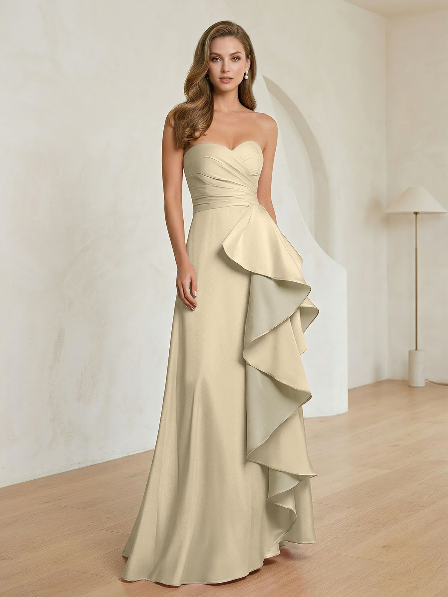 Formal Evening Dress Blush Strapless Ruffle Maxi Dress Gown