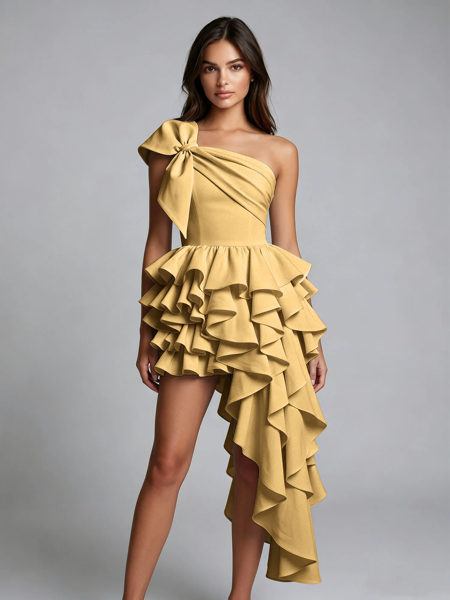 One-Shoulder Bow Tiered Ruffle Asymmetrical Homecoming Dress
