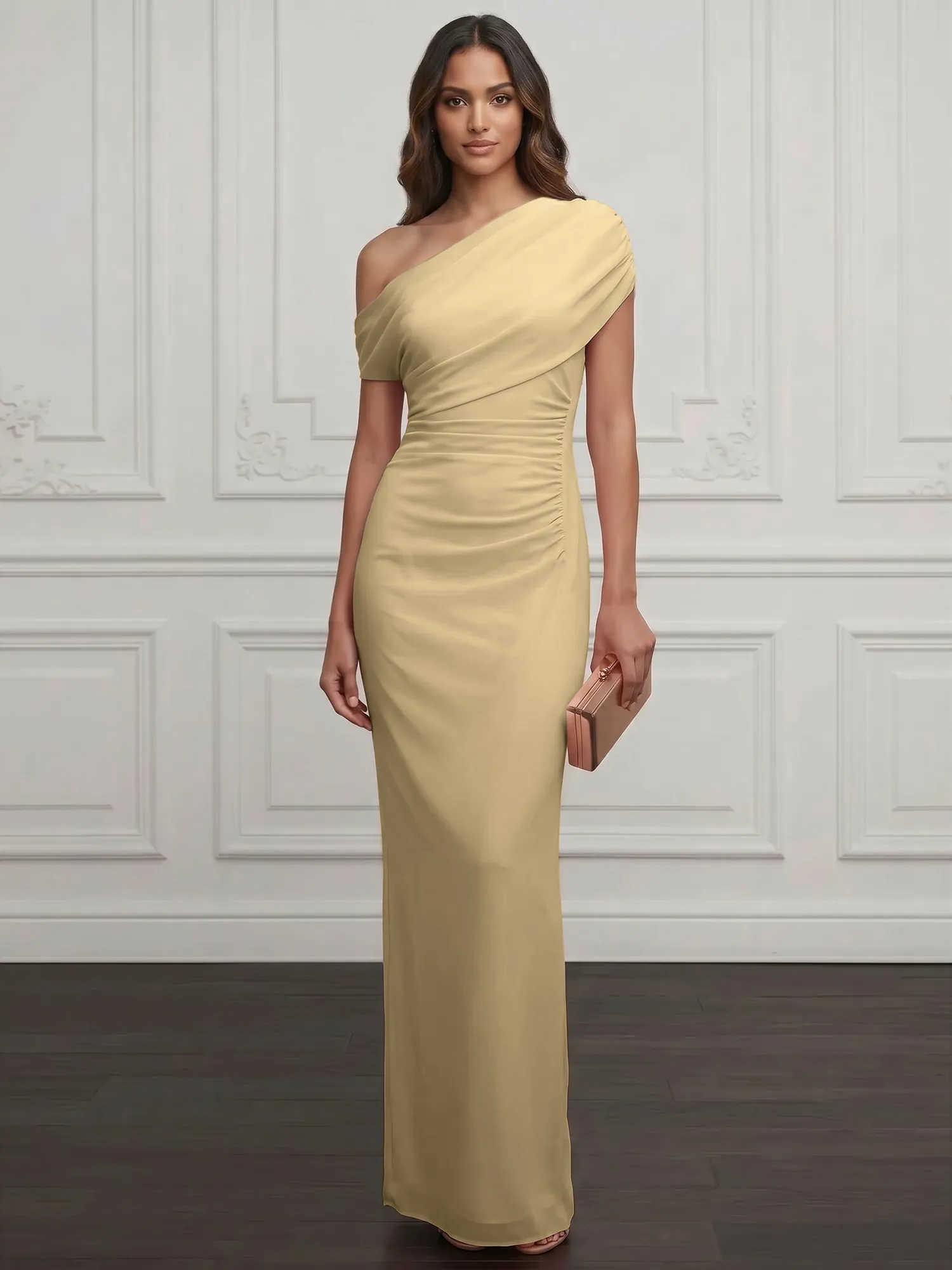 One-Shoulder Draped Chiffon Evening Gown