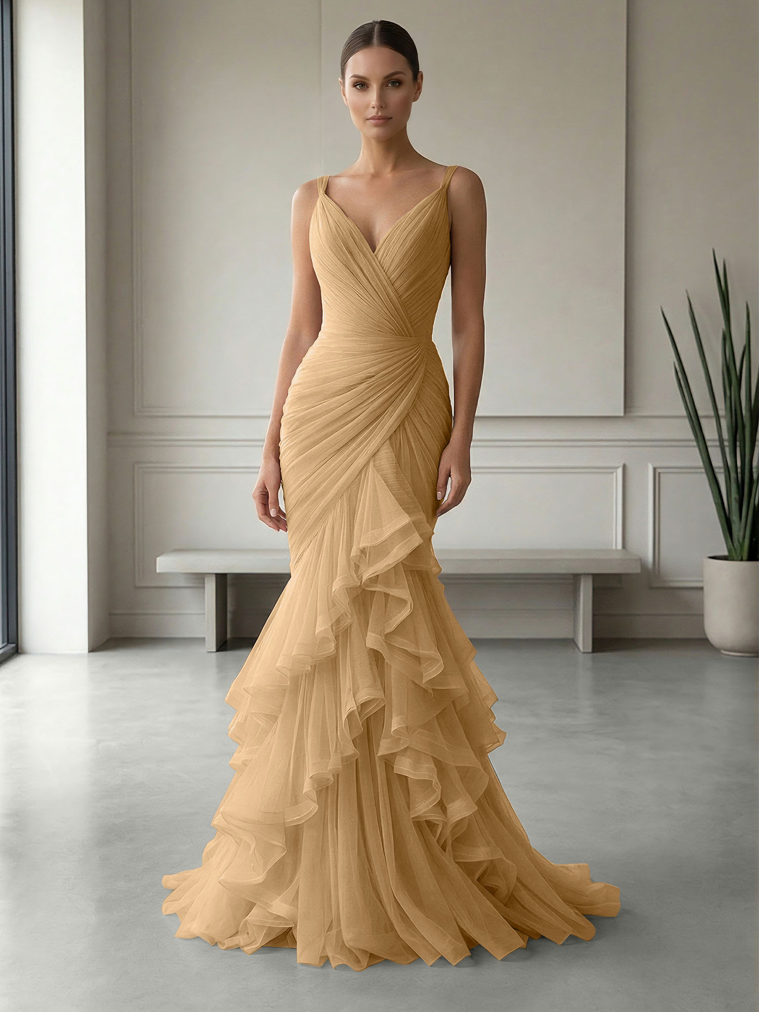 Mauve Folds Tulle Strapless Sleeveless Mermaid Gown Dress