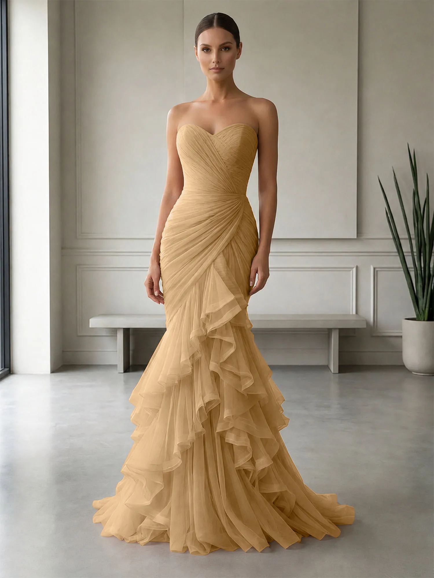 Strapless Ruched Tulle Mermaid Evening Gown Maxi Dress