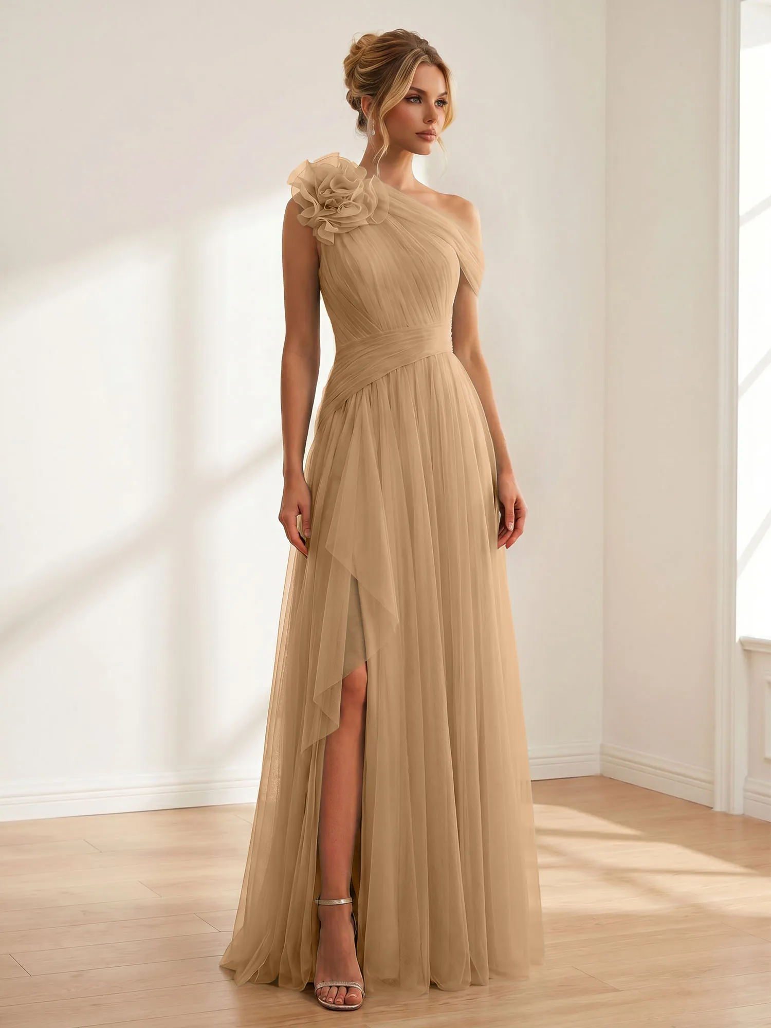 One-Shoulder Tulle Evening Gown with Floral Accent
