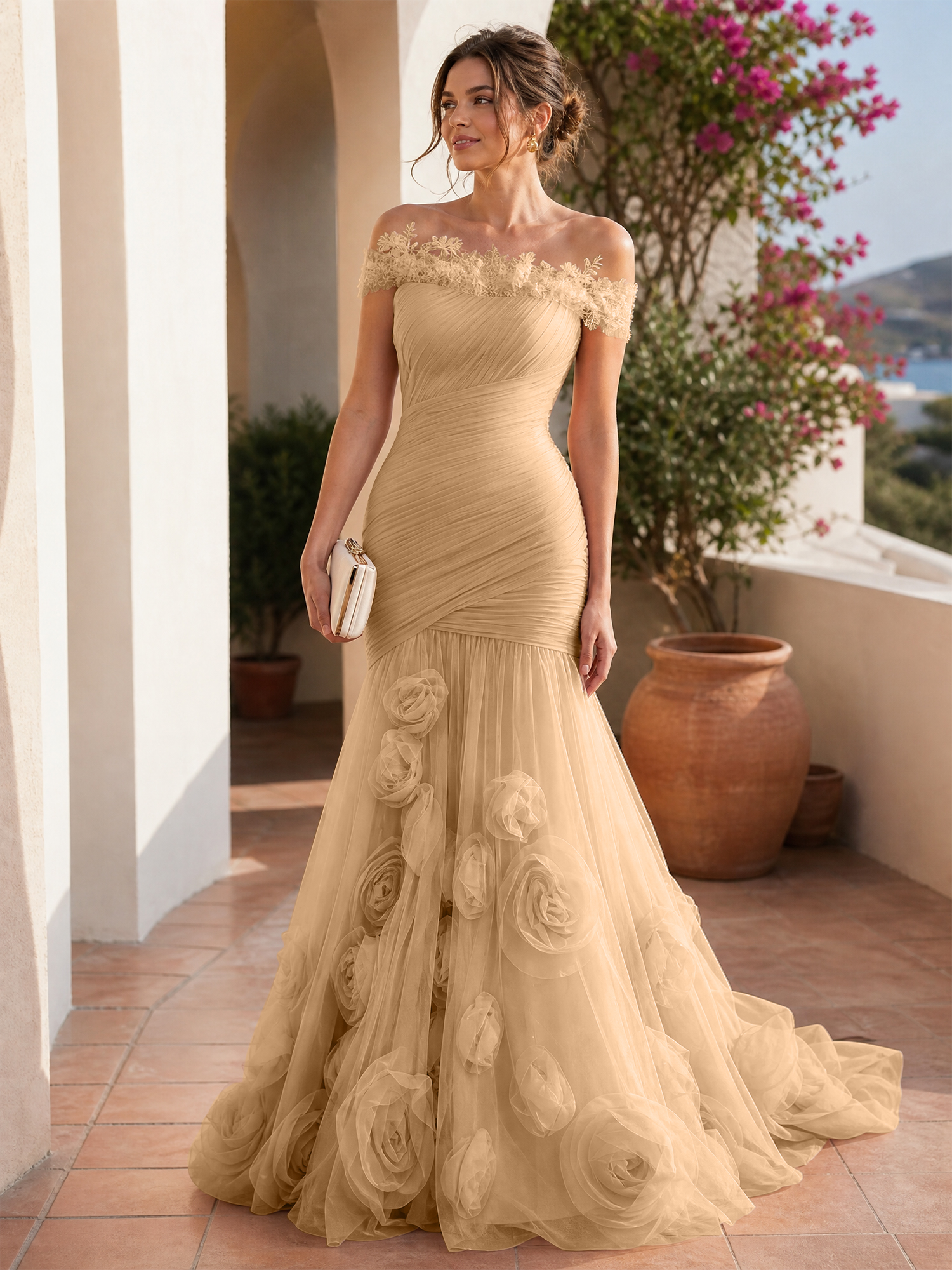 Romantic Blushing Rose Off-the-Shoulder Mermaid Formal Evening Dress 