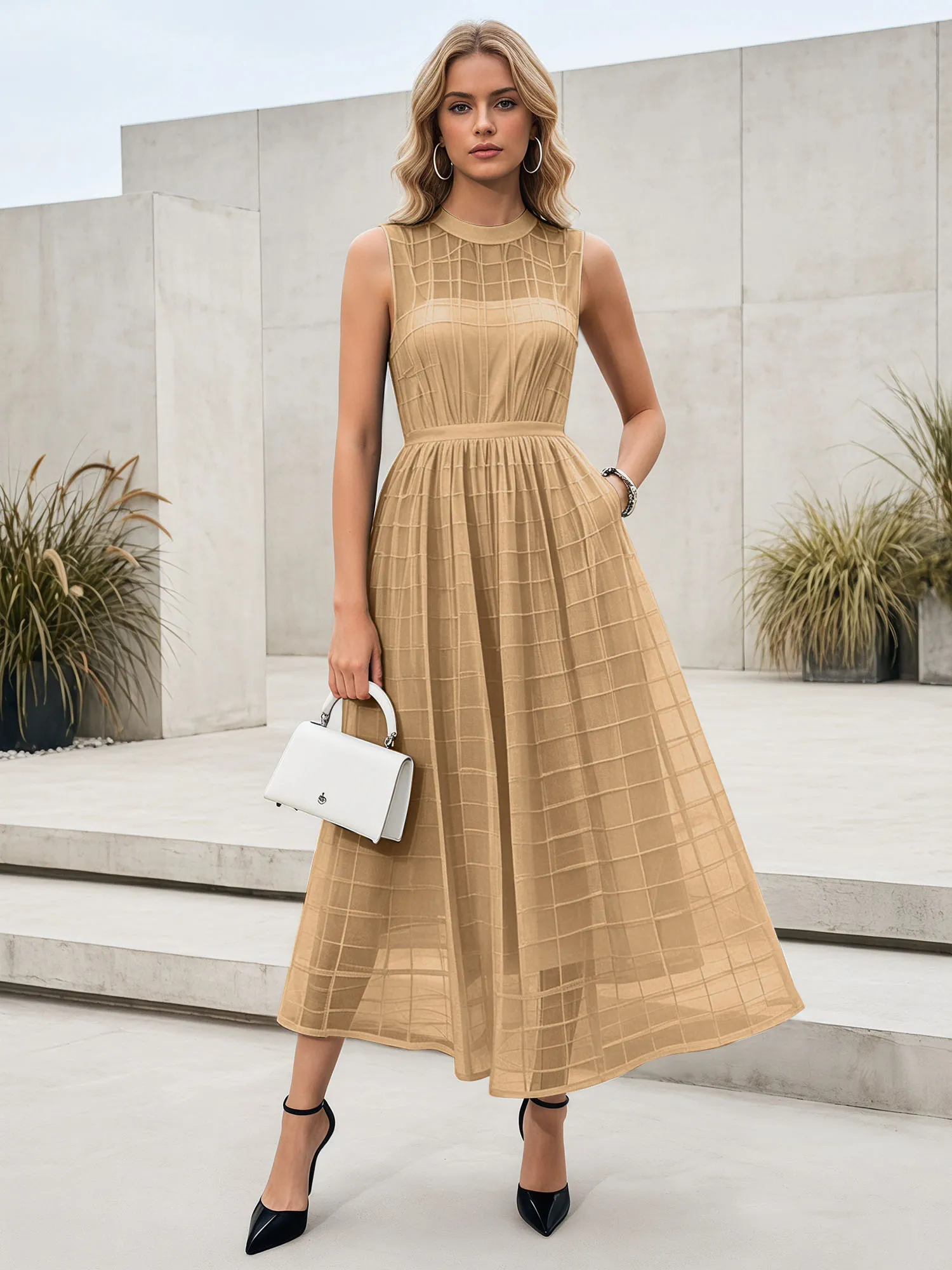 Sleeveless Grid Mesh A-Line Midi Evening Dress