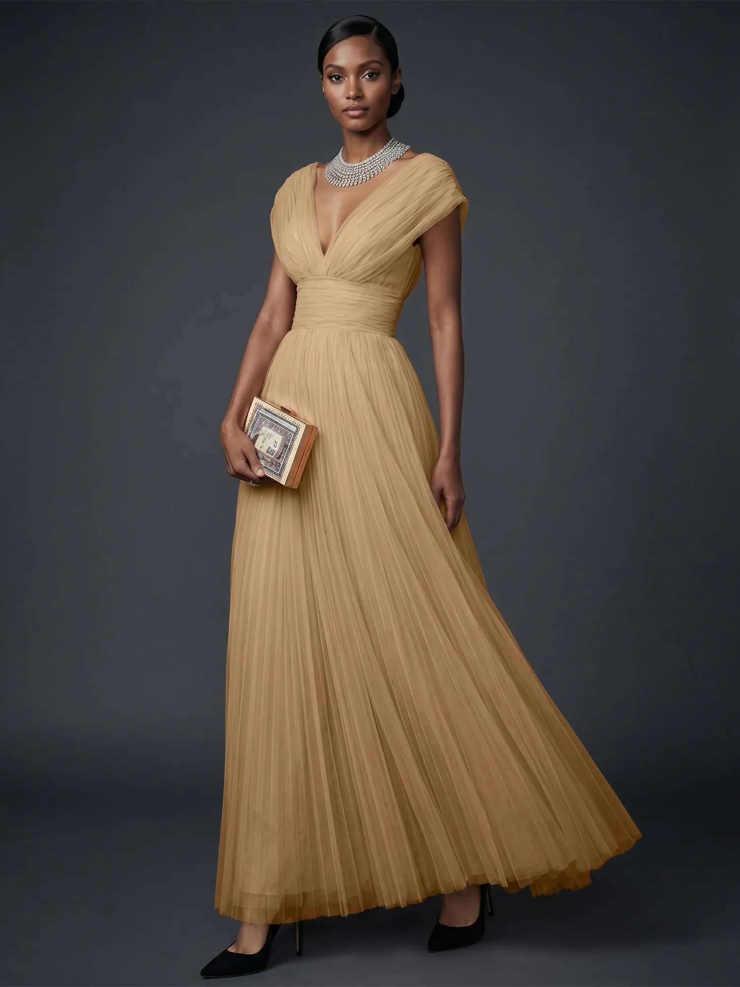 Draped V-Neck Pleated Tulle Evening Gown Maxi Dress