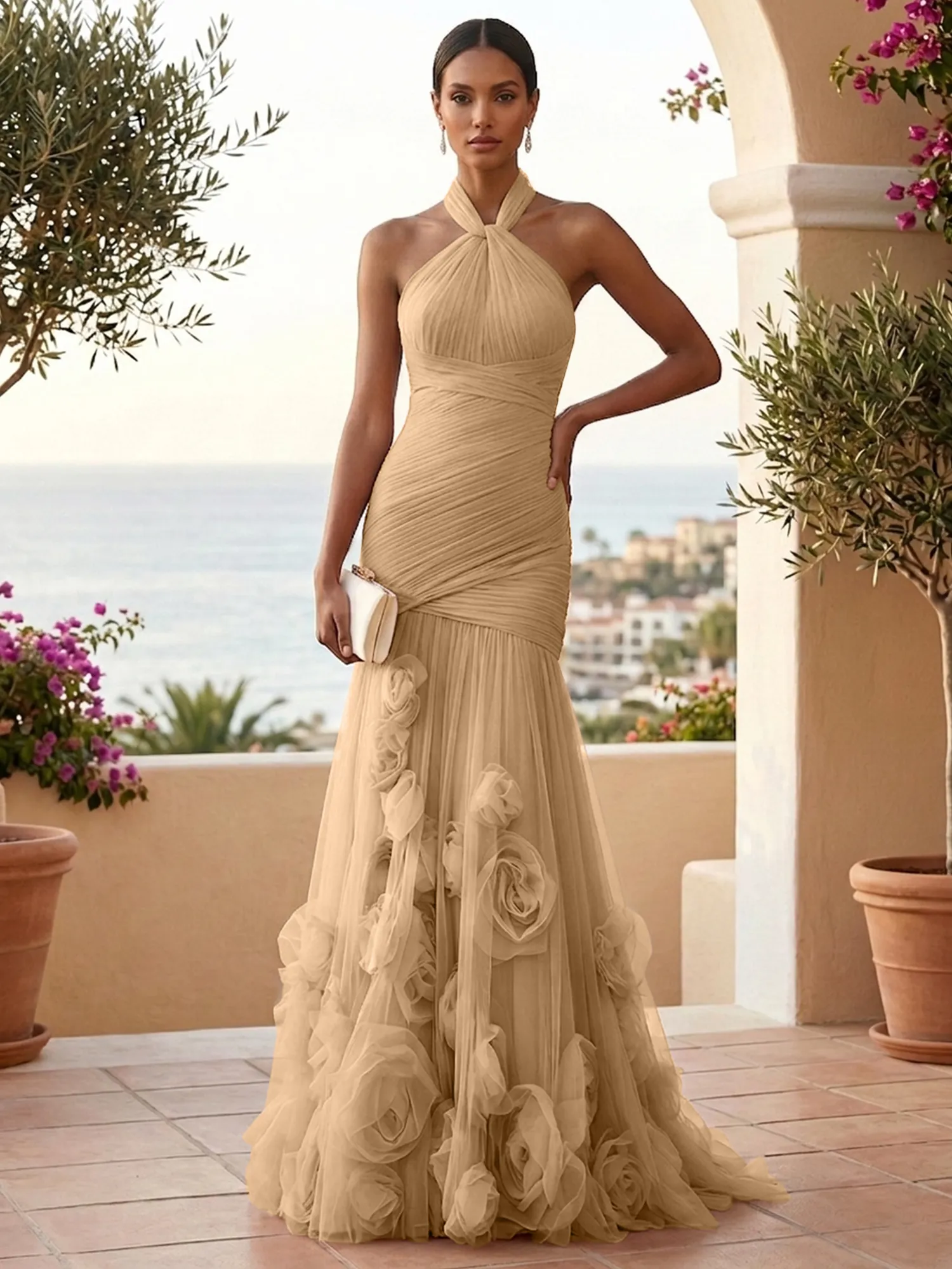Halter Neck Ruched Tulle Mermaid Gown with 3D Floral Appliqués