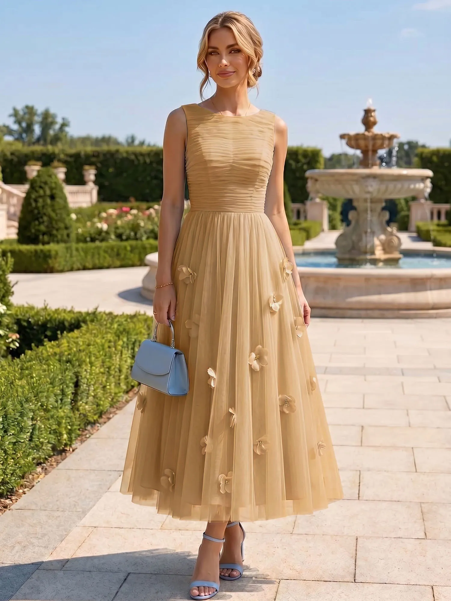 A Line Sleeveless Tulle Midi Dress with 3D Floral Appliqués