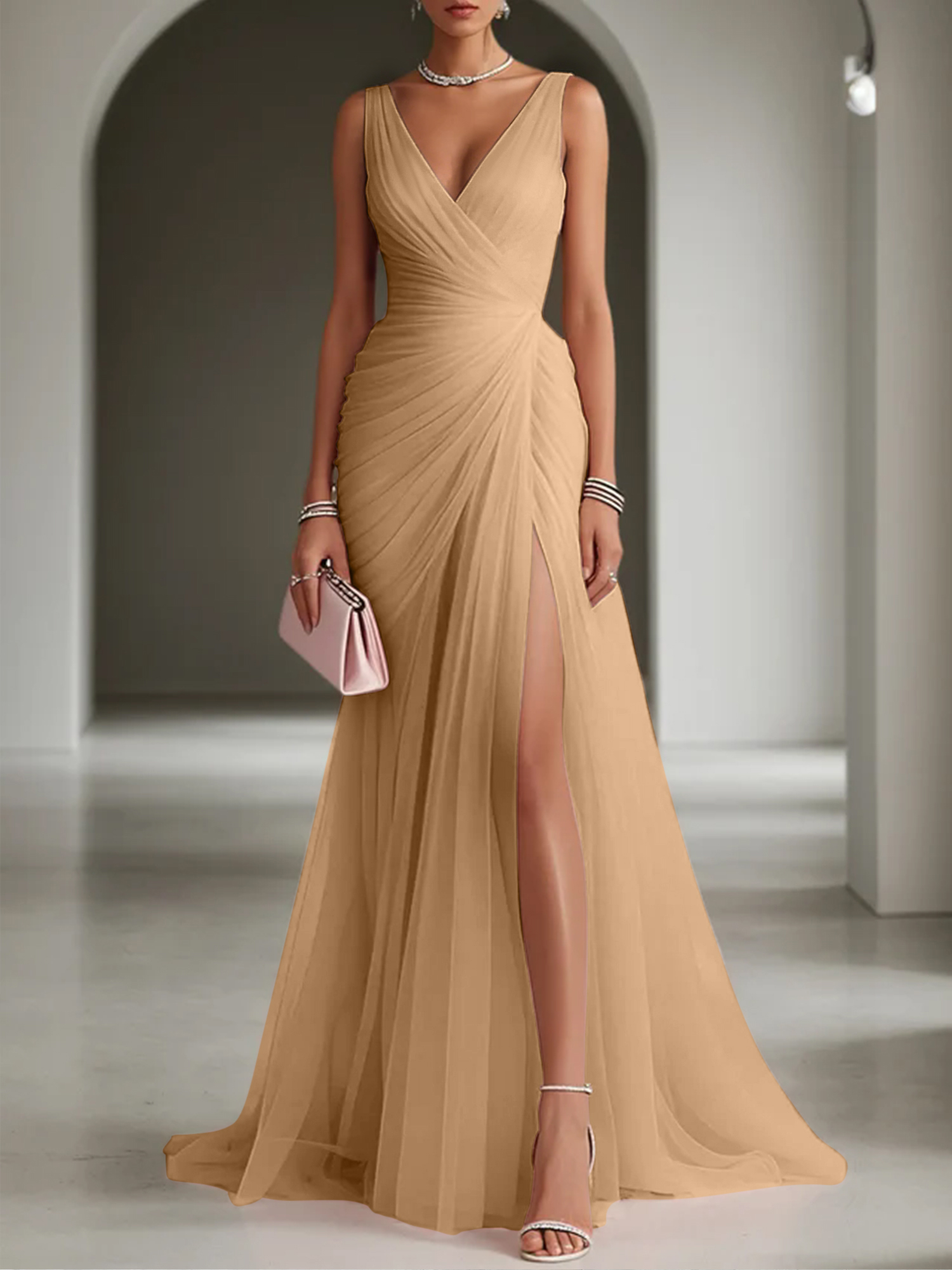 Pink Ruched Slit Tulle V Neck One Shoulder Sheath Gown Dress
