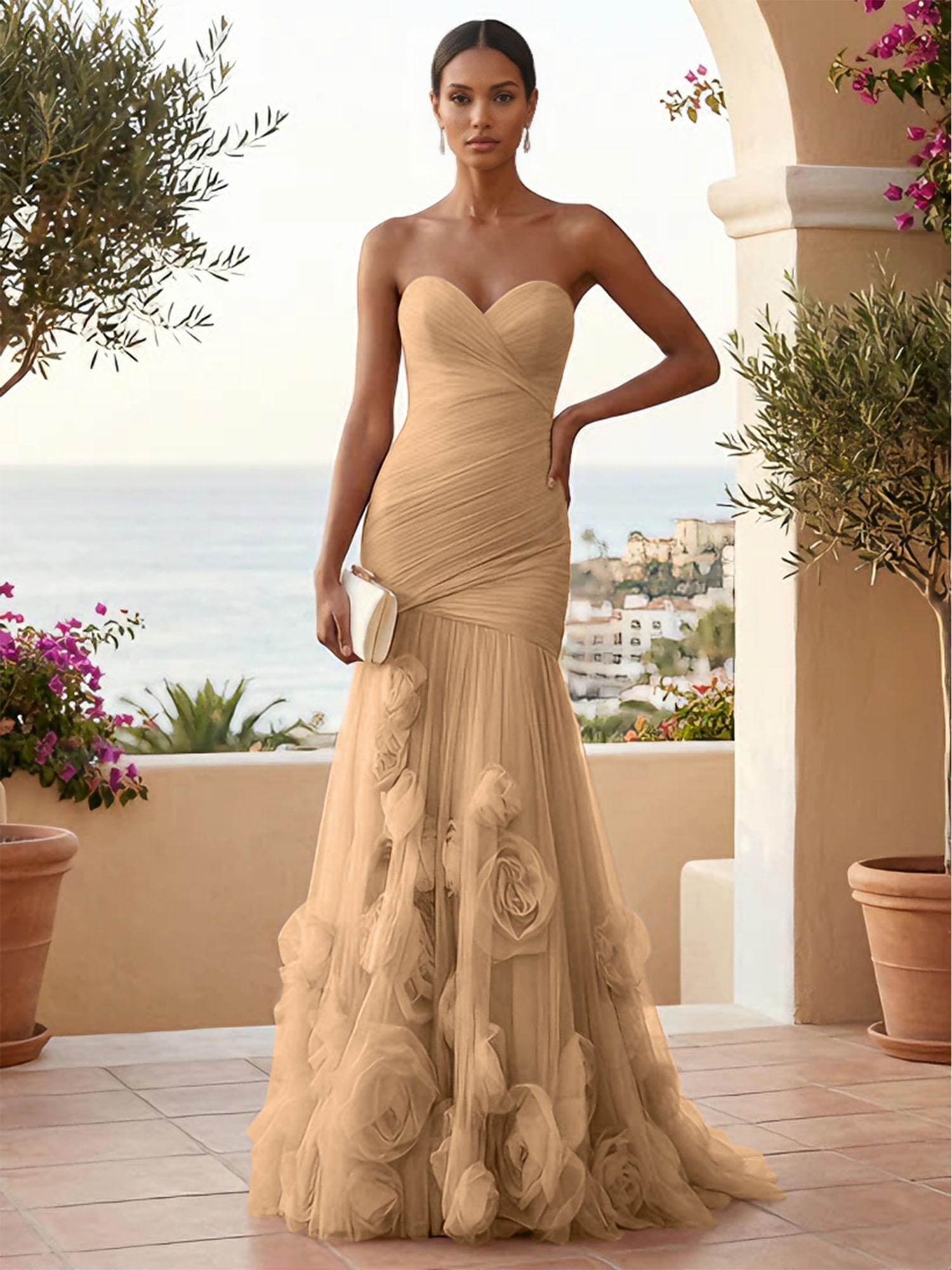 Sweetheart Tulle Pleat Mermaid Evening Dresses with 3D Flower