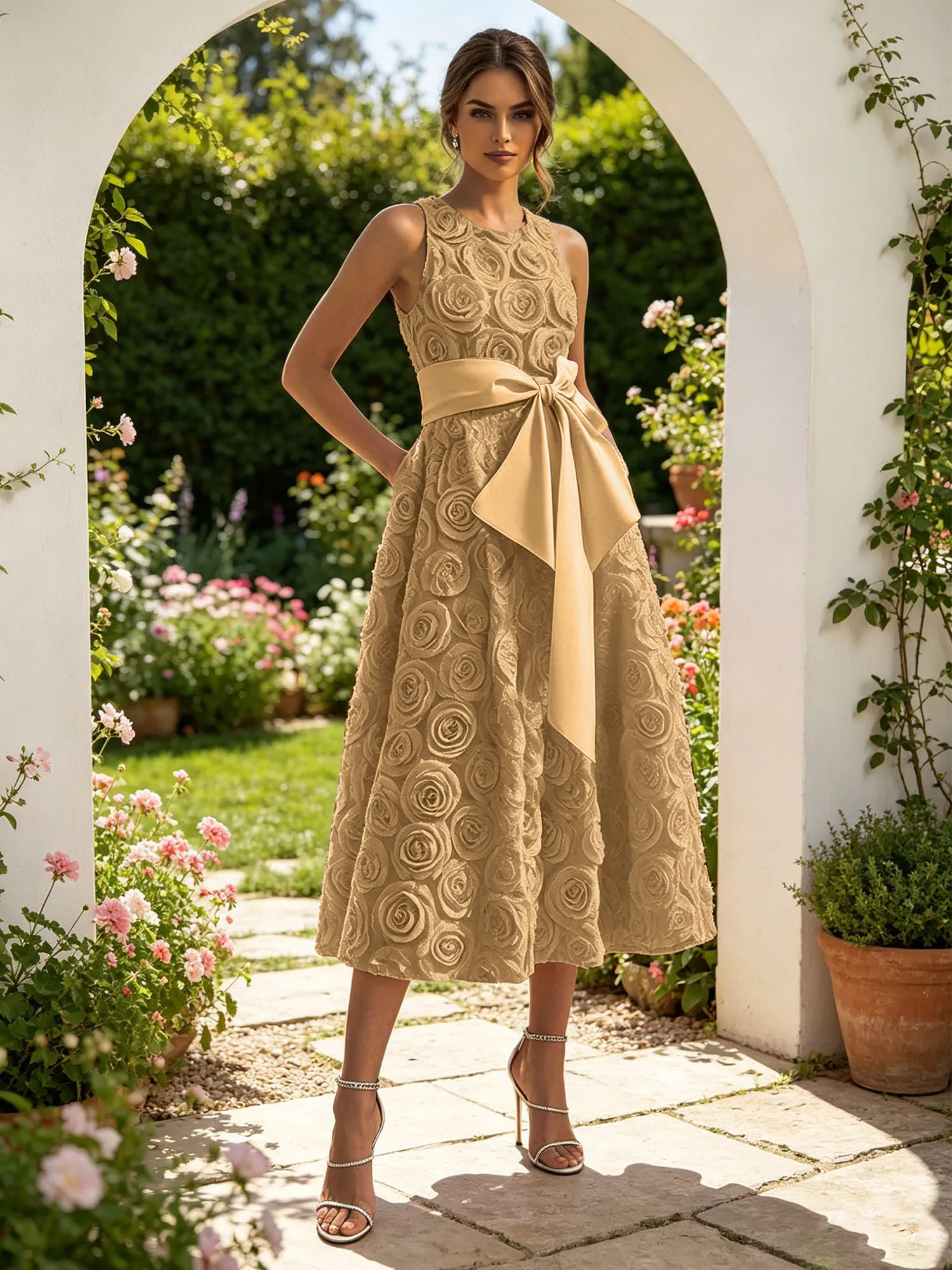 Sleeveless 3D Rose Midi Evening Dress with Satin Bow Sash