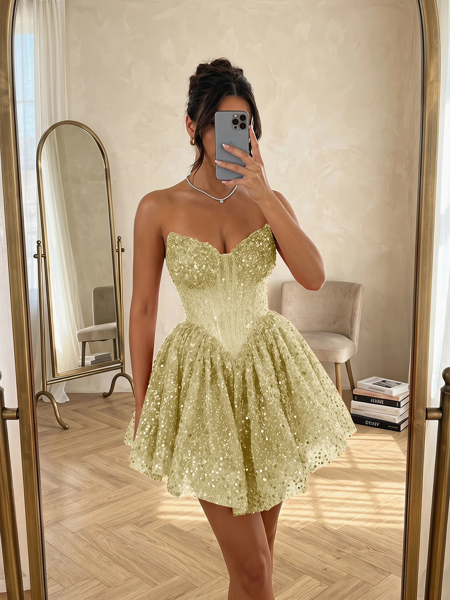 Strapless Sequin Pearl Corset Homecoming Dress with Lace-Up Back
