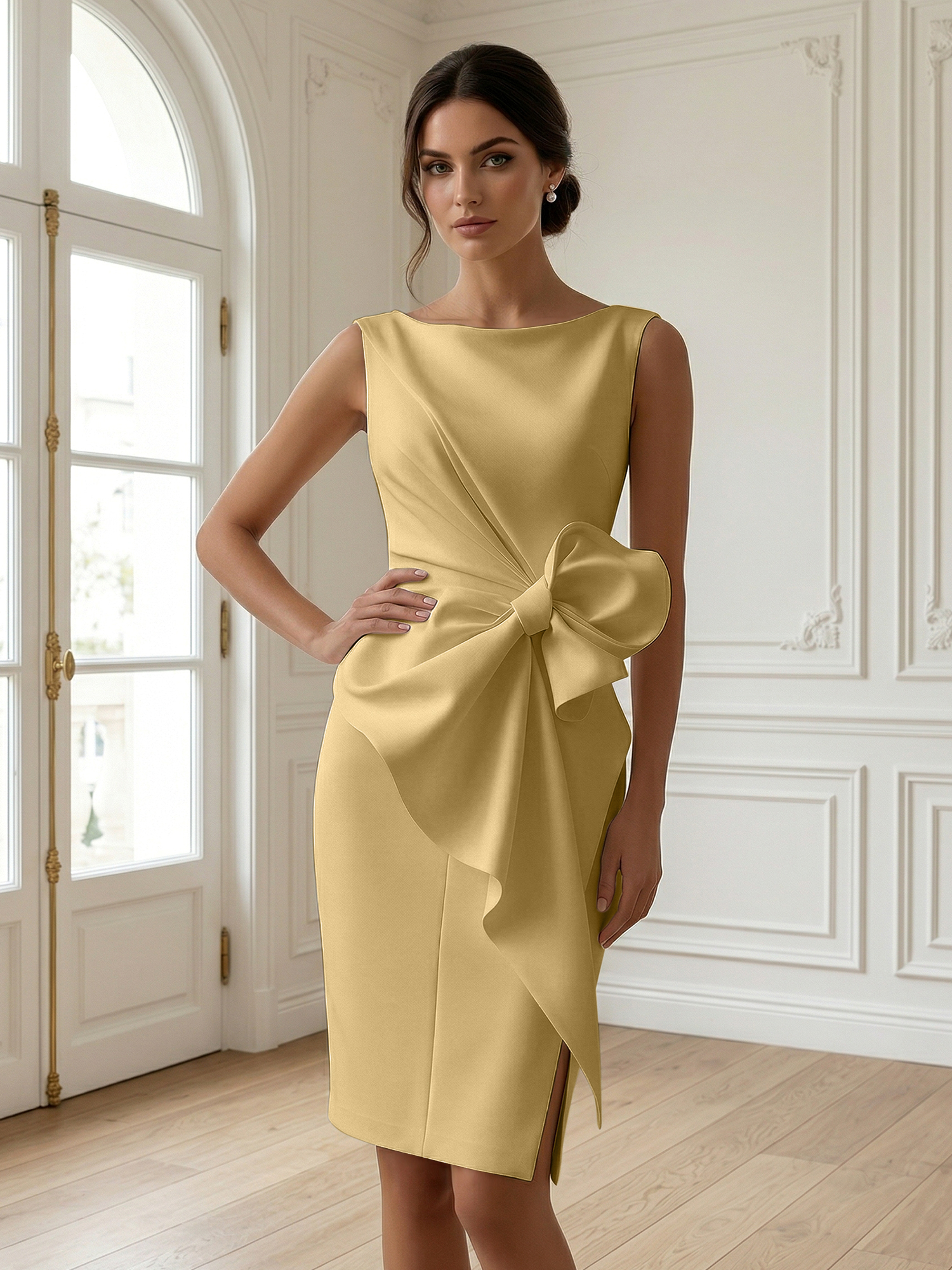 White 3D Bow Sleeveless Sheath Midi Dress Evening Gown