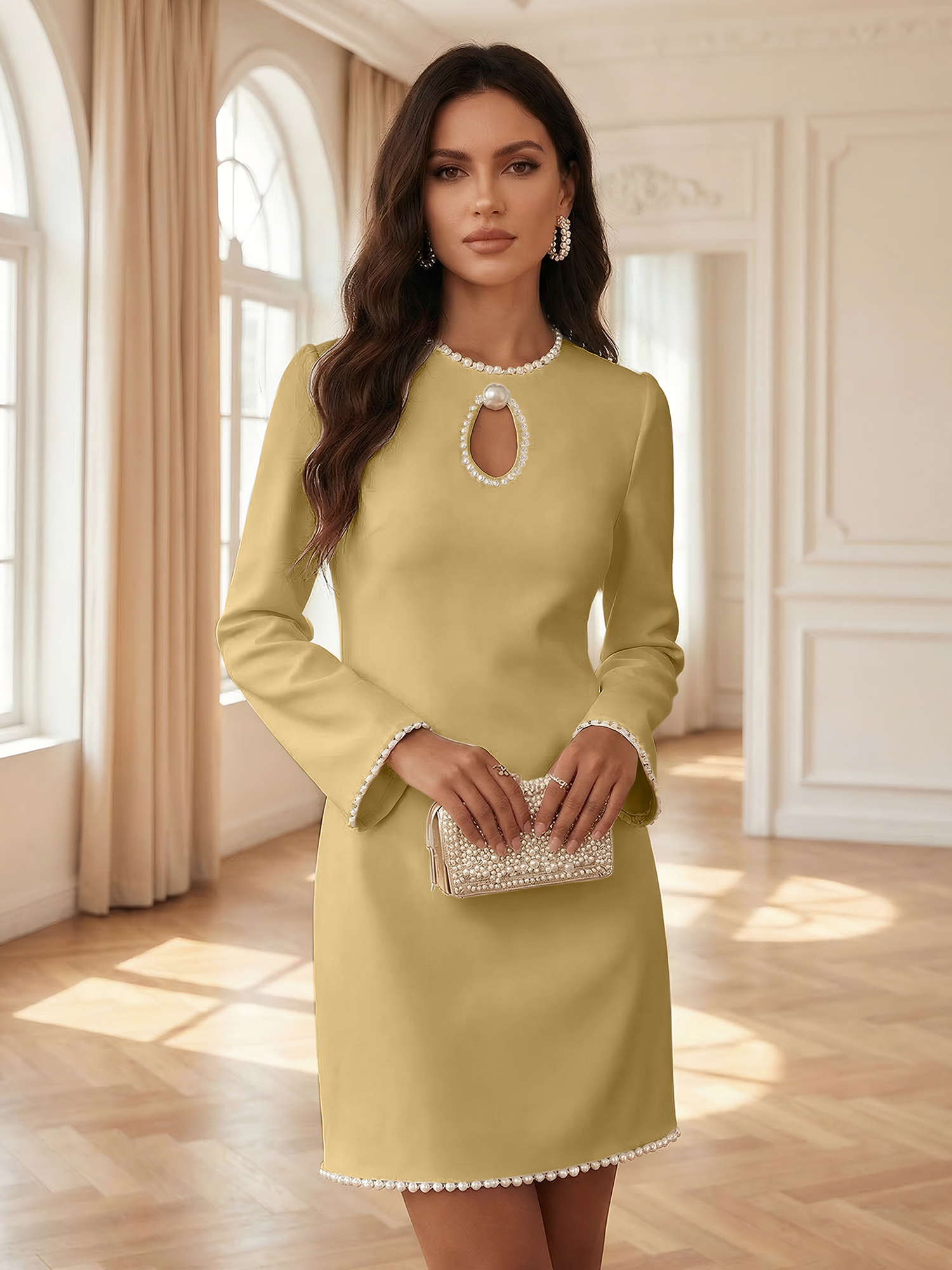 White Pearl Hollow Out Classic Crew Neck Long Sleeve Shift Mini Dress Gown