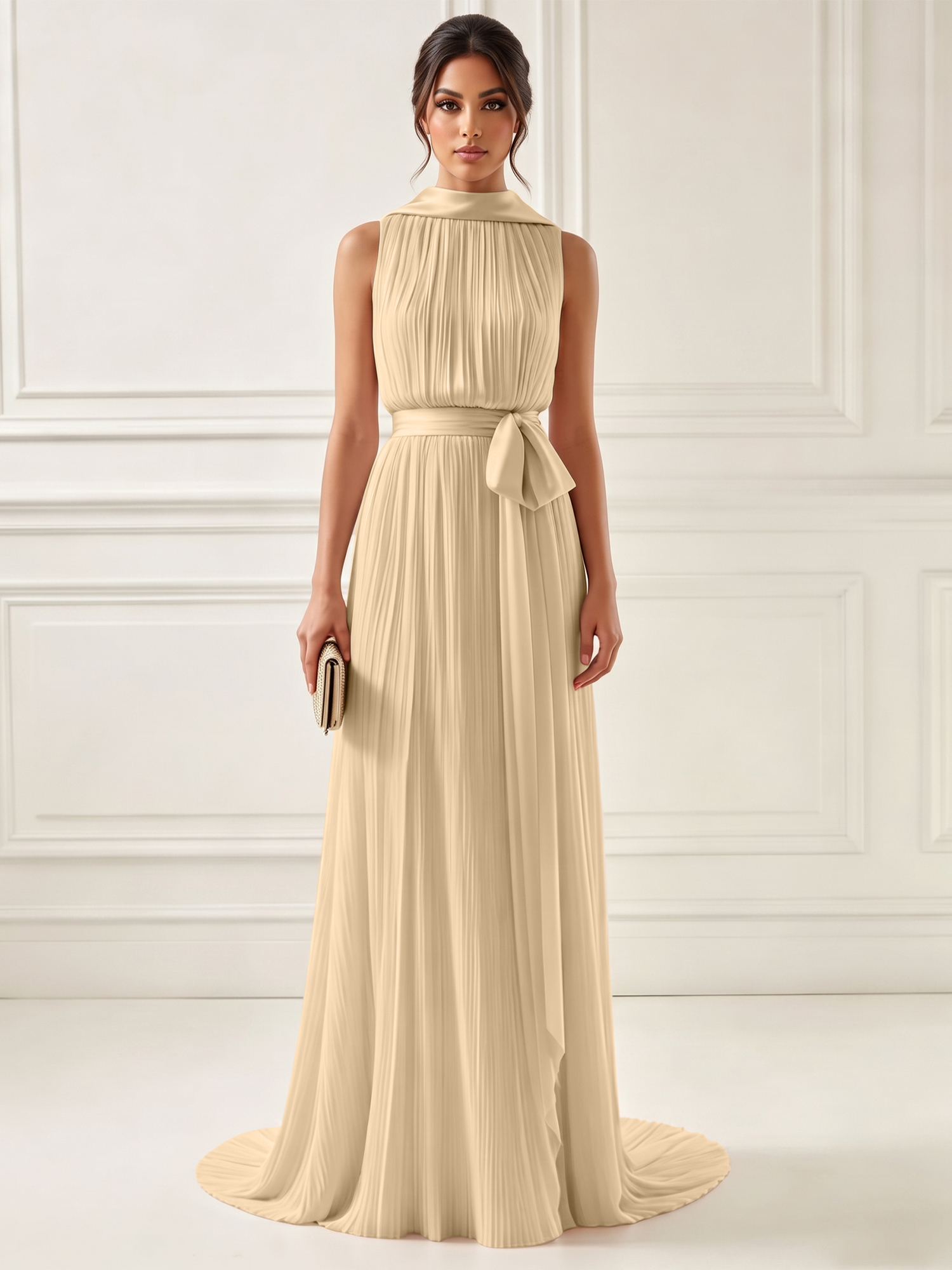 Ethereal Pleated Pastel Pink High Neck Maxi Formal Evening Dress with Satin Sash