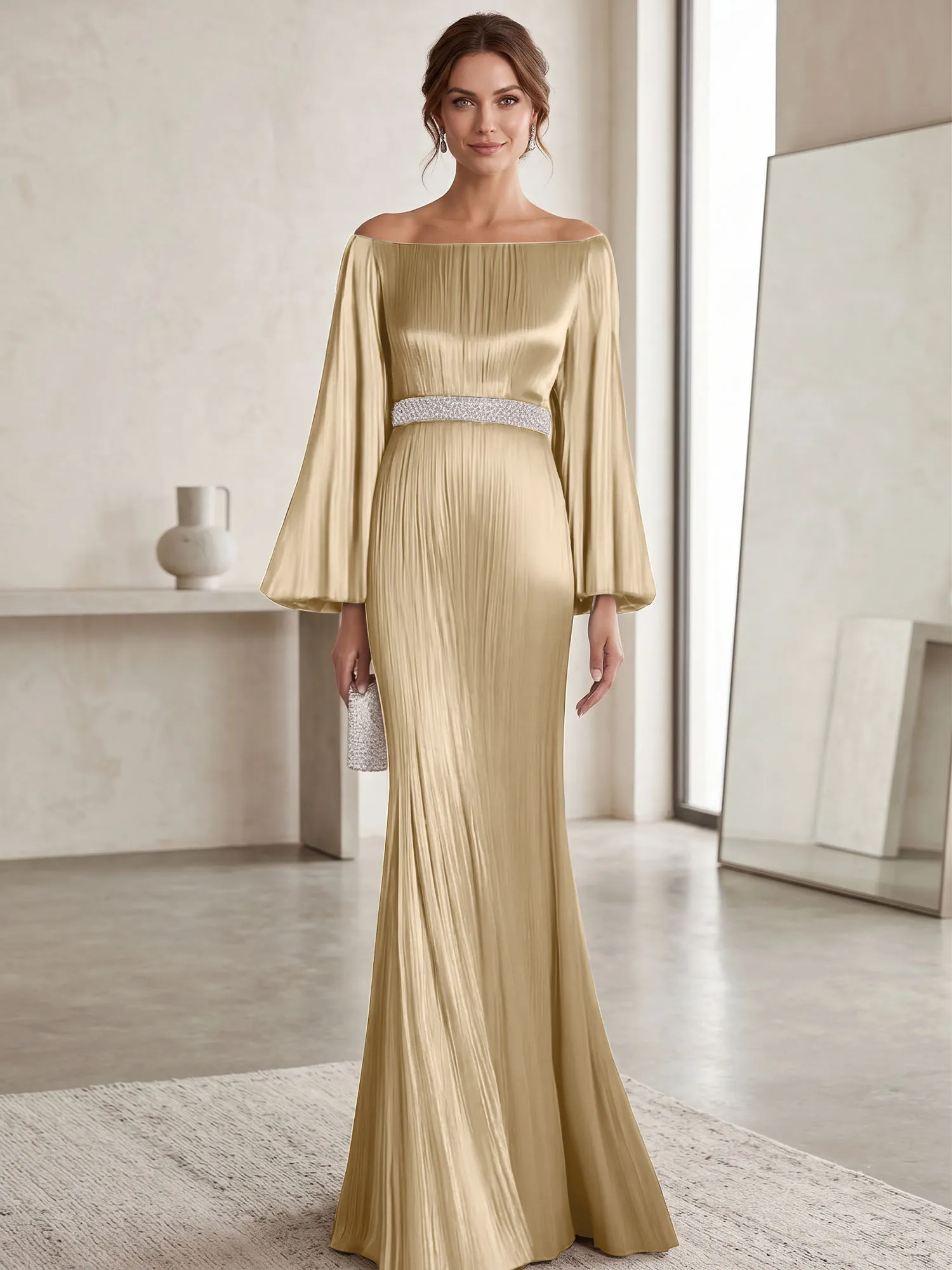 Off-the-Shoulder Pleated Satin Evening Gown with Beaded Waistband