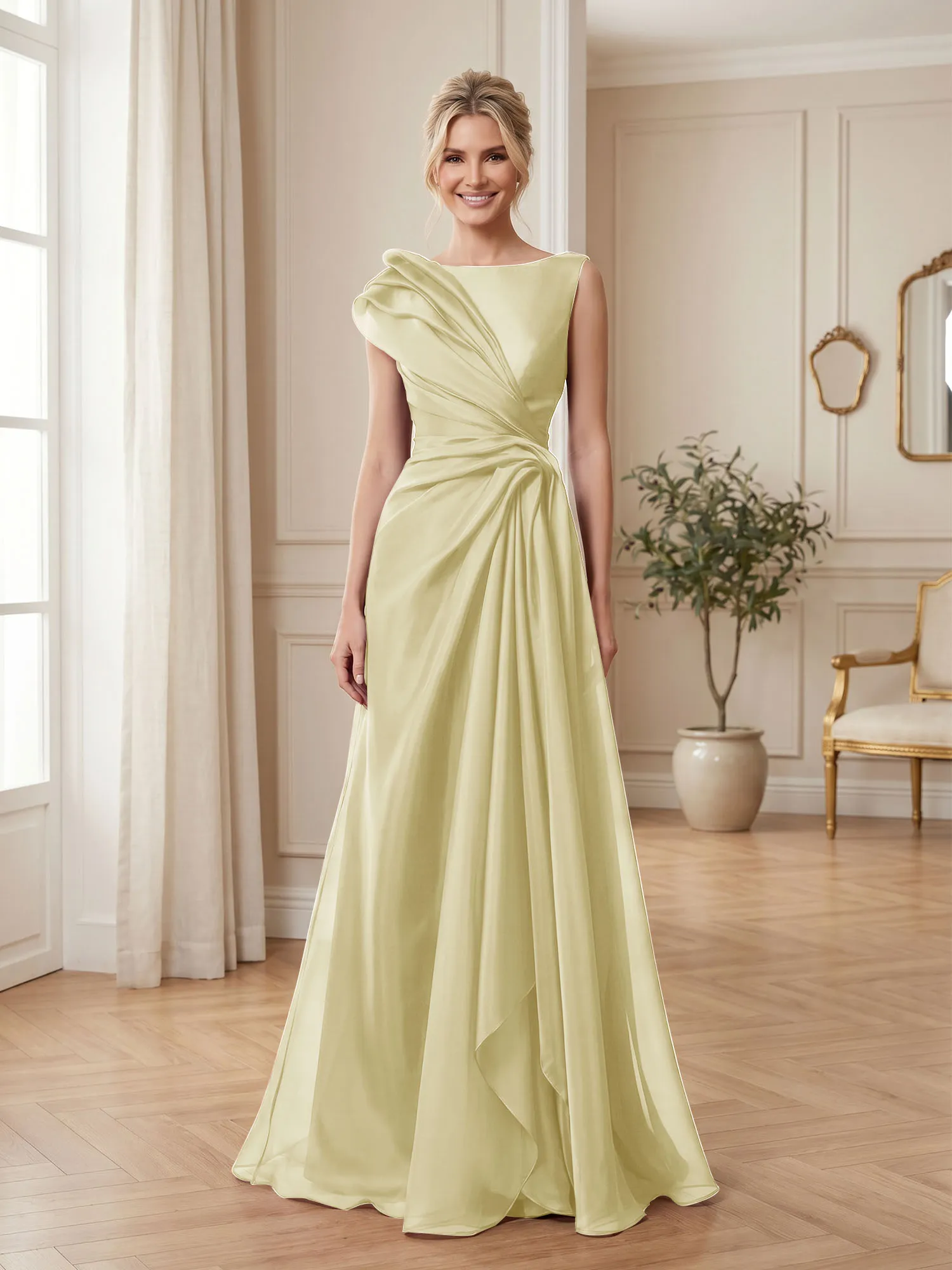 A Line Ruched Draped Tulle Evening Gown