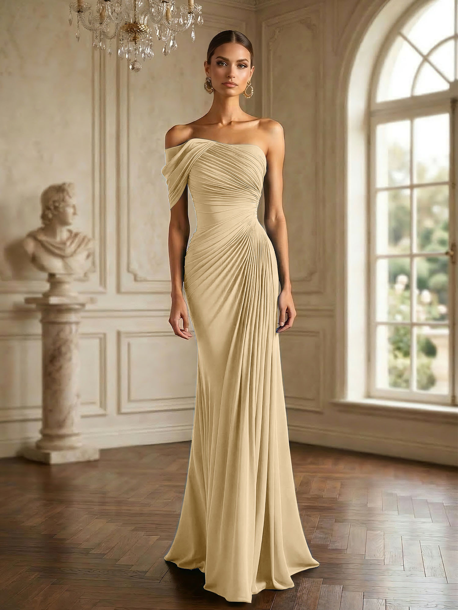 One Shoulder Pleat Mermaid Chiffon Evening Dresses for Women Gown