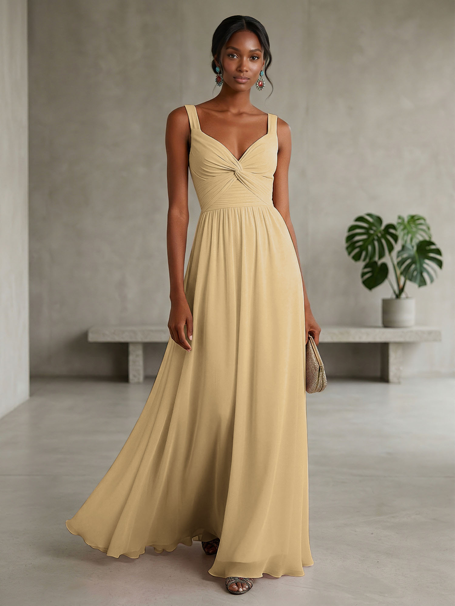 Elegant Soft Blush Twist-Front Chiffon Maxi Gown