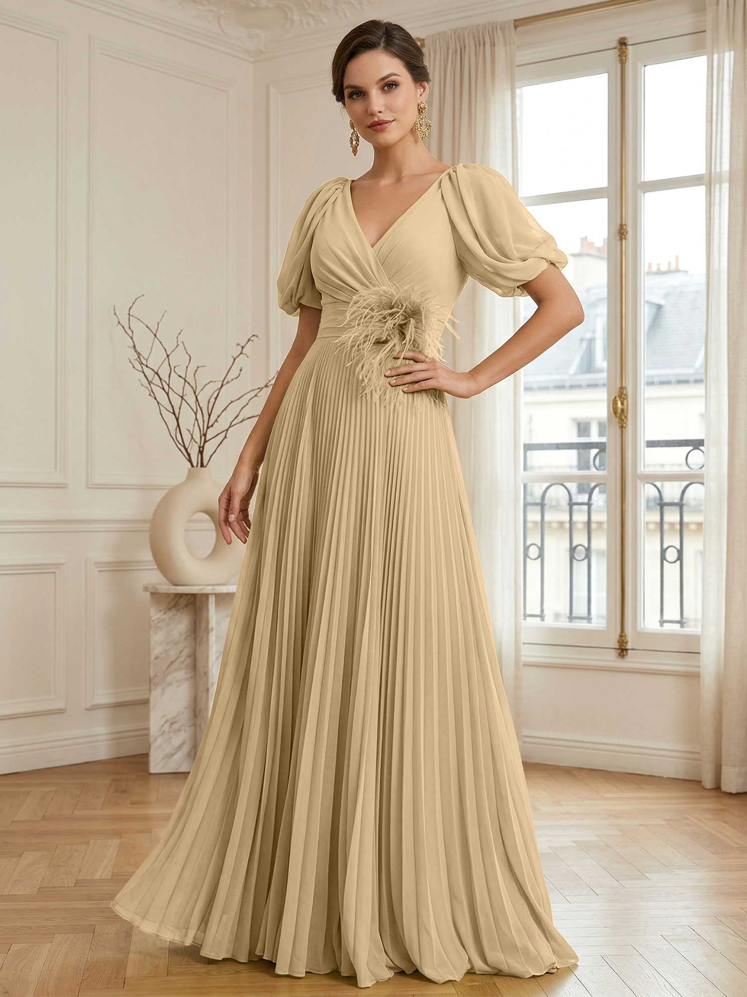 A-Line Chiffon Evening Gown with Feather V-Neck Short Sleeves Formal Dress