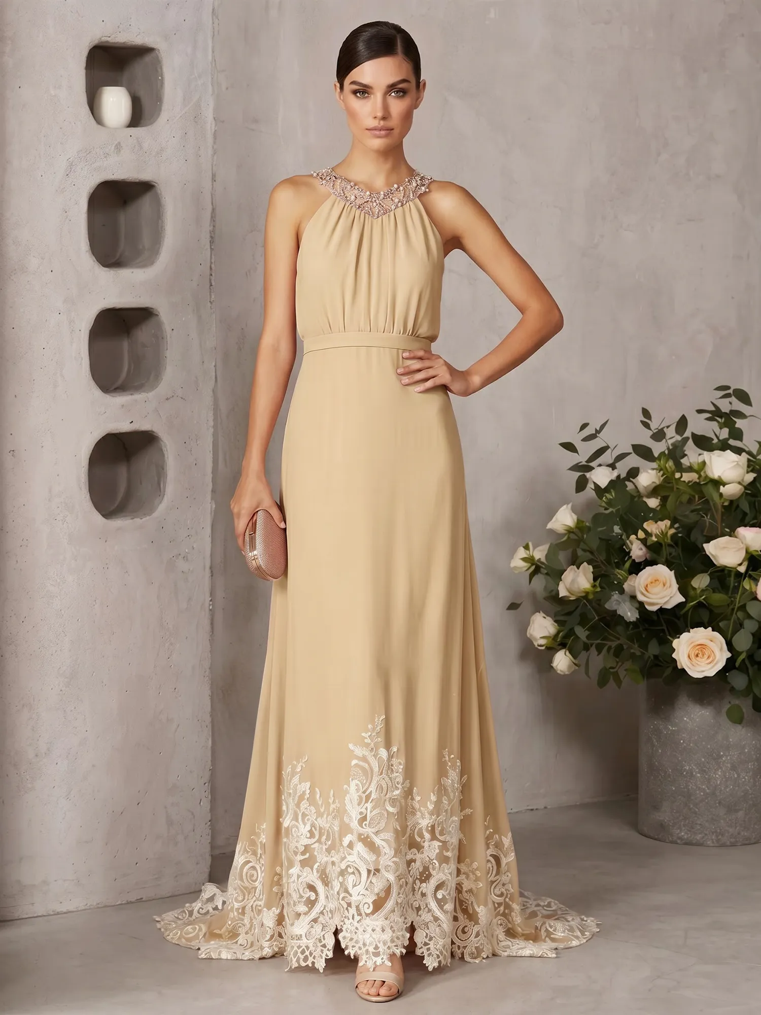 Halter Neck Beaded Chiffon Gown with Lace Hem