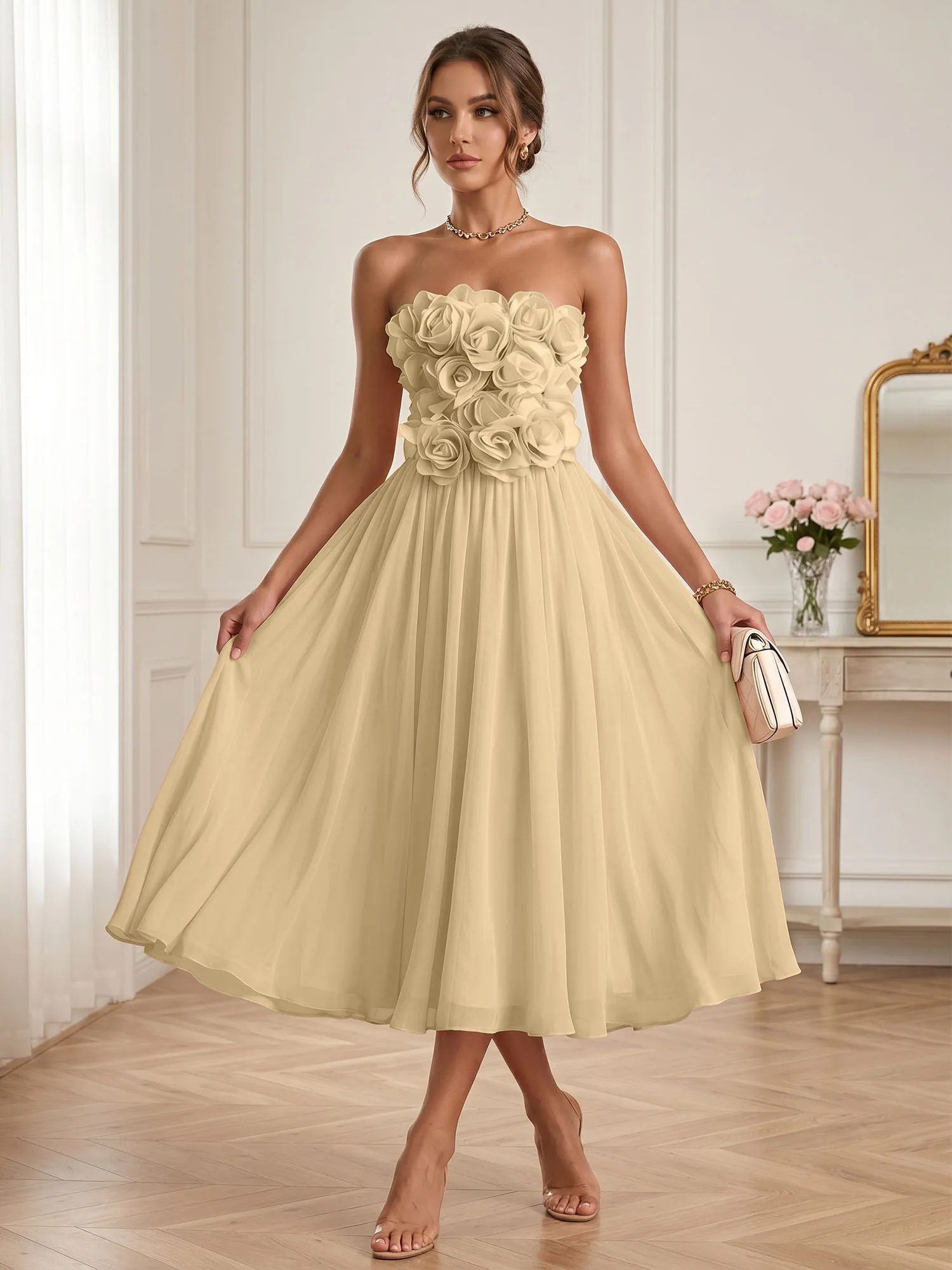 Strapless 3D Floral Chiffon A-Line Midi Formal Dress