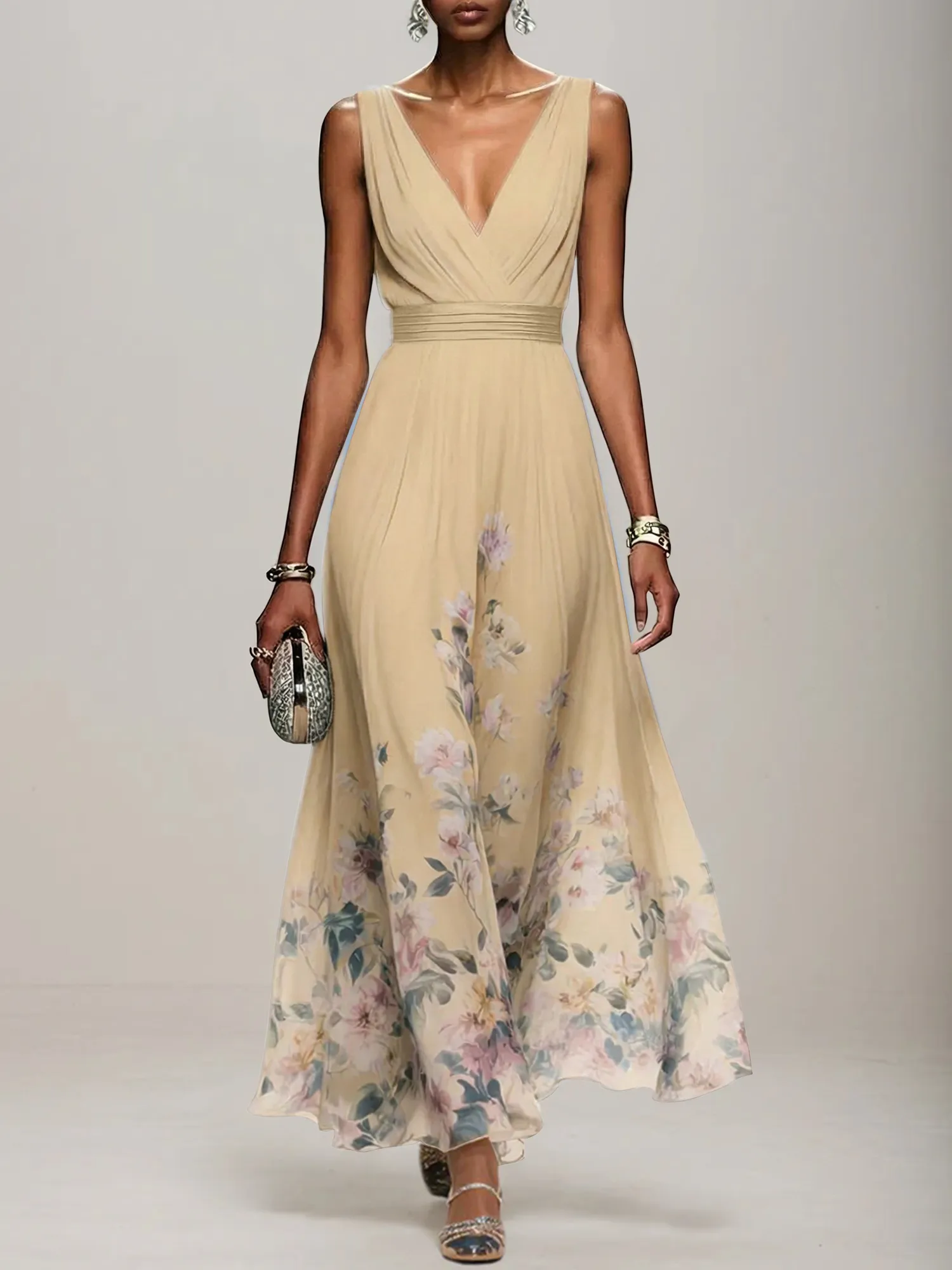 V-Neck Floral Print Chiffon Maxi Evening Dress with Satin Waist Bow
