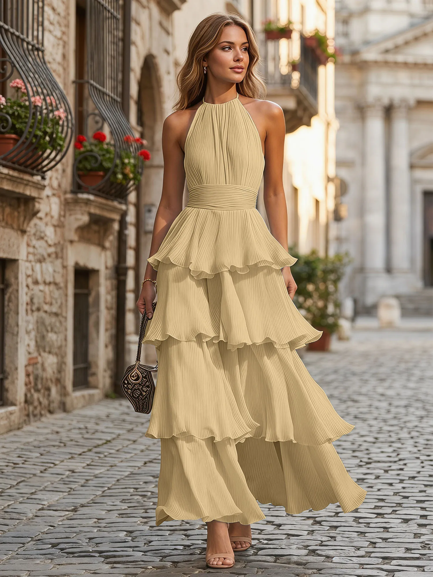 A Line Halter Neck Tiered Ruffle Chiffon Evening Dress