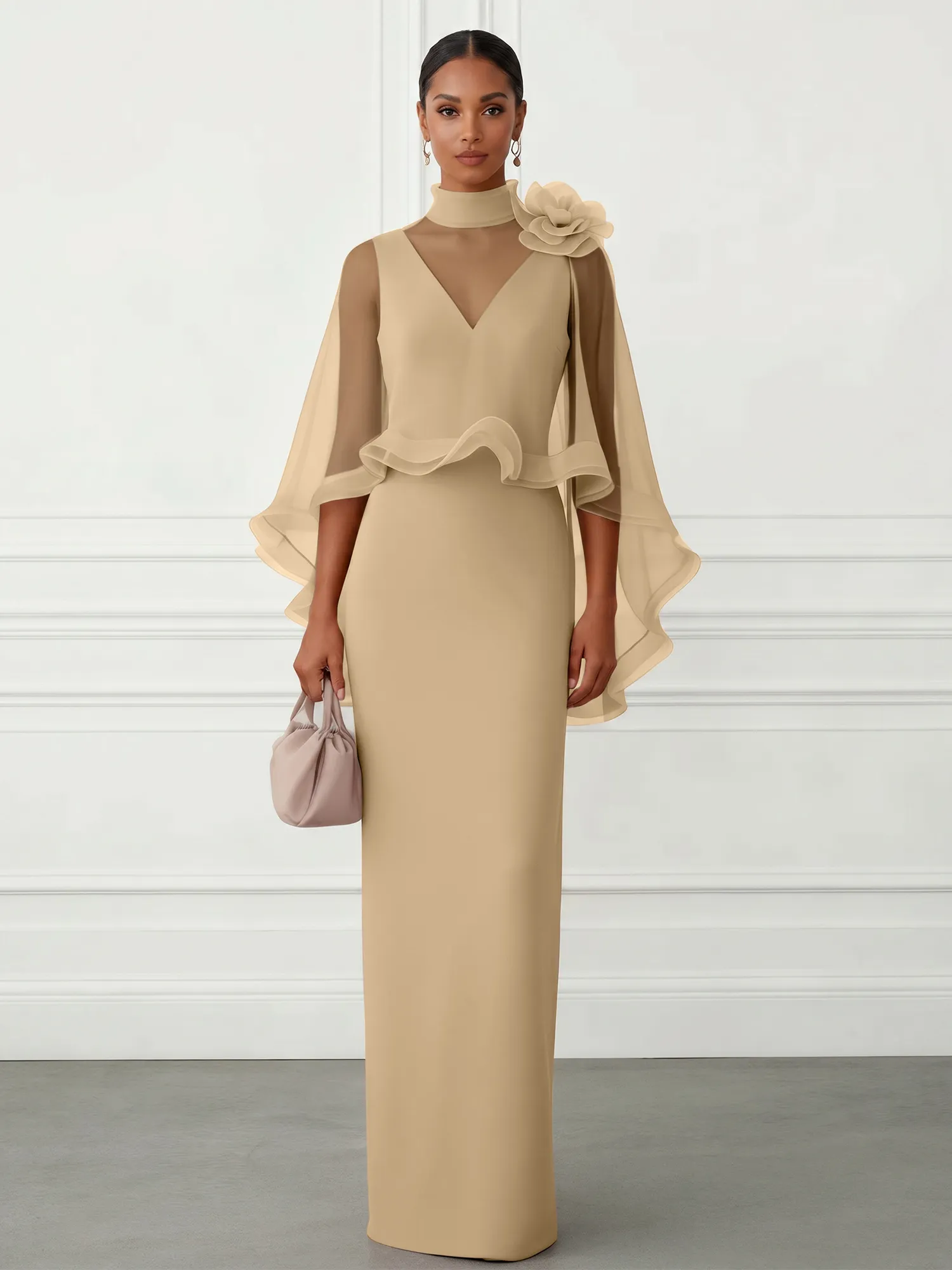 High-Neck Chiffon Cape Sleeve Sheath Evening Gown