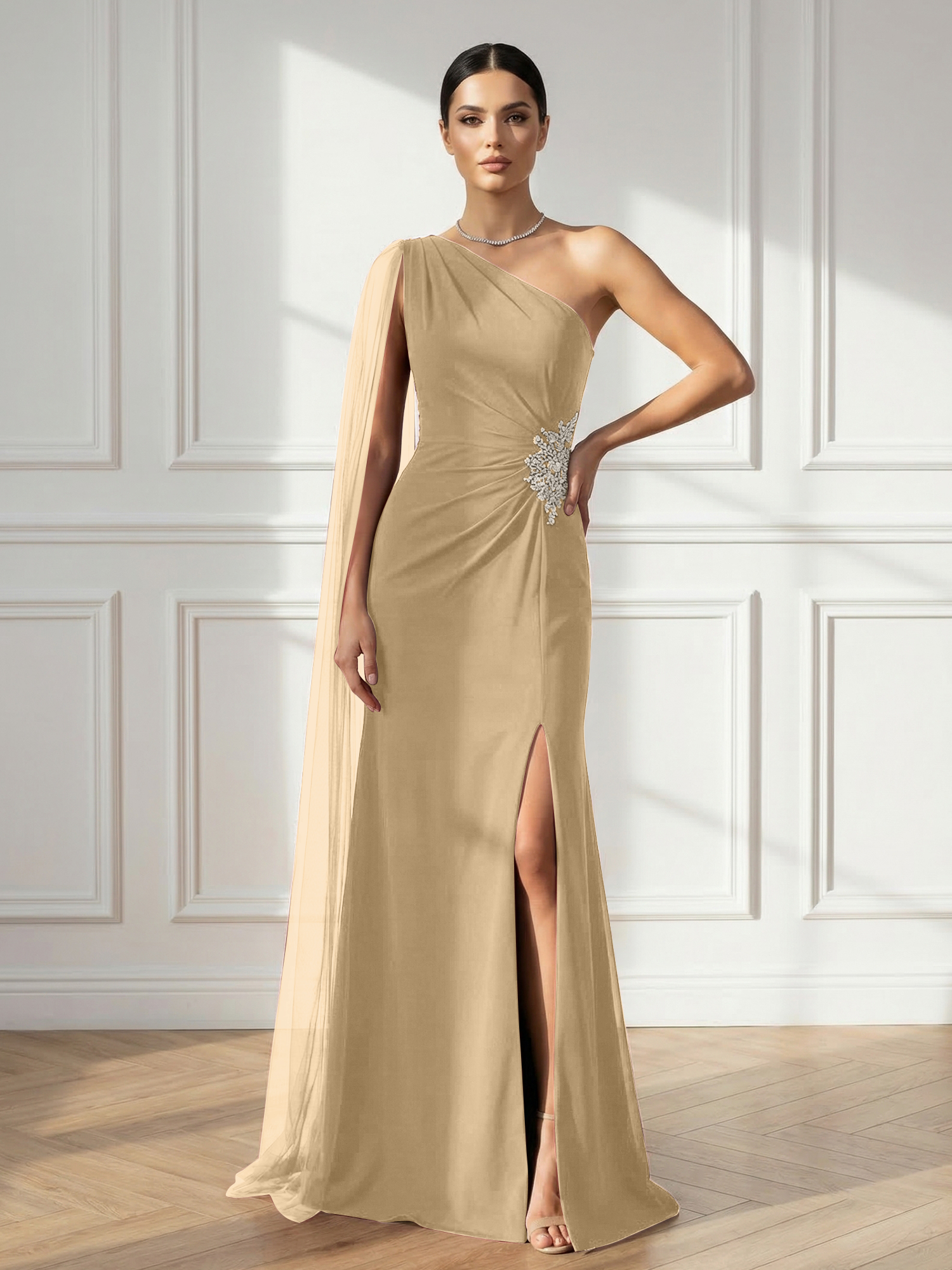 Formal Evening Dress Burgundy One Shoulder Slit Maxi Dress Gown