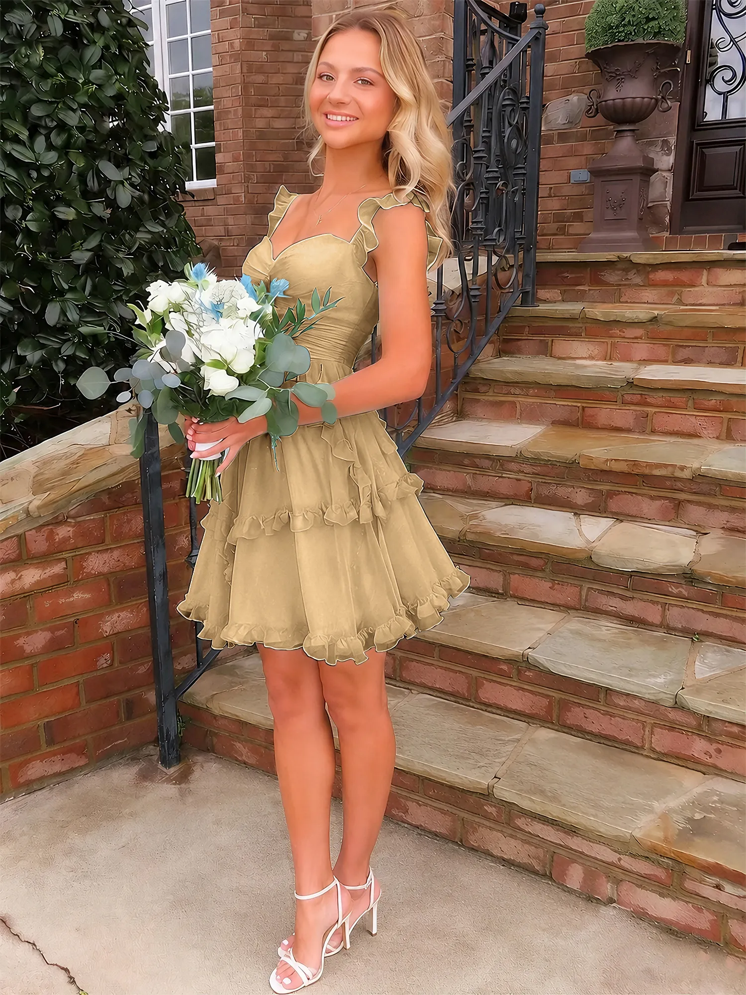 A Line Ruffled Tiered Chiffon Homecoming Dress with Lace-Up Back