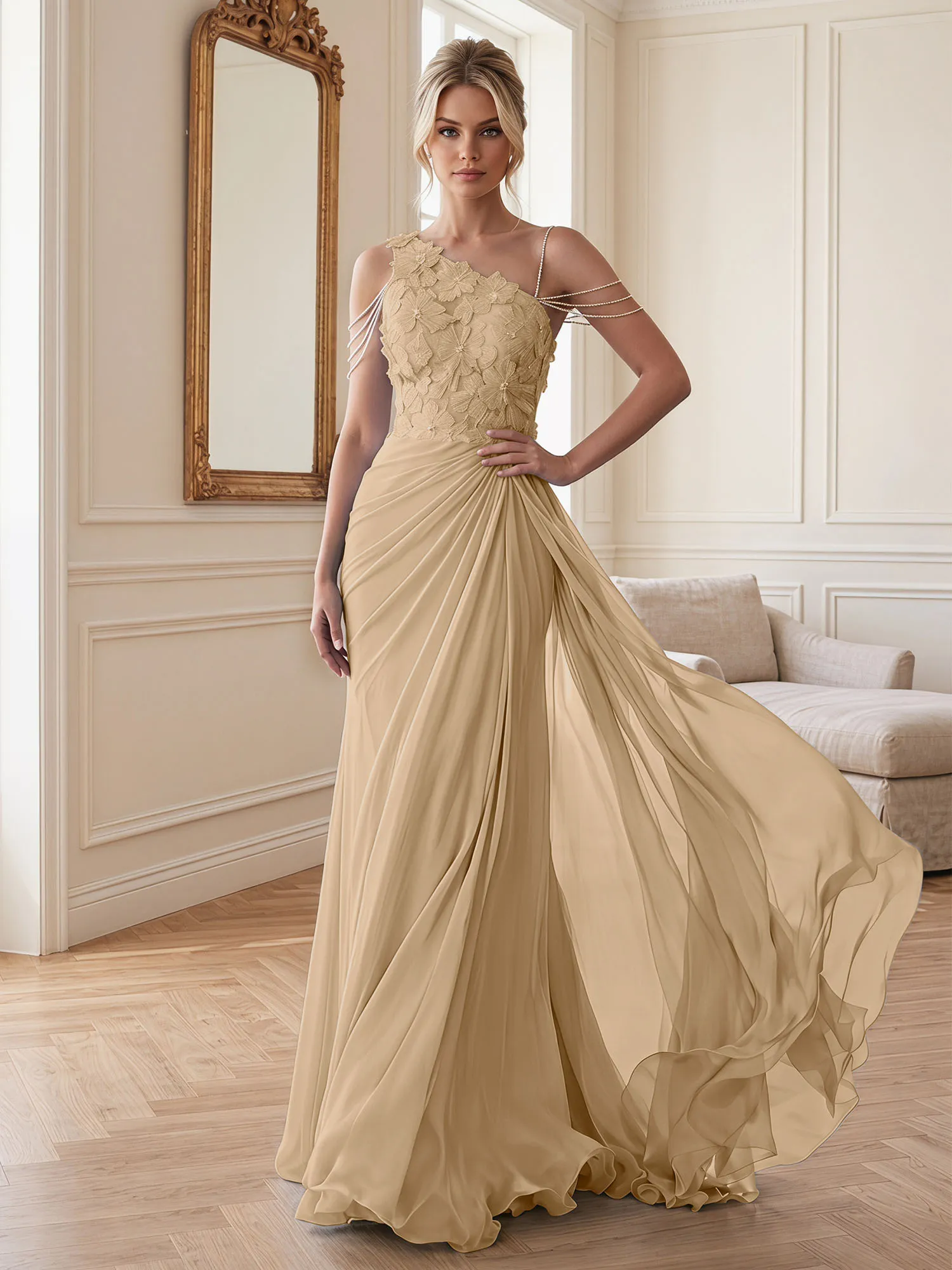 One-Shoulder Floral Lace Chiffon Evening Gown