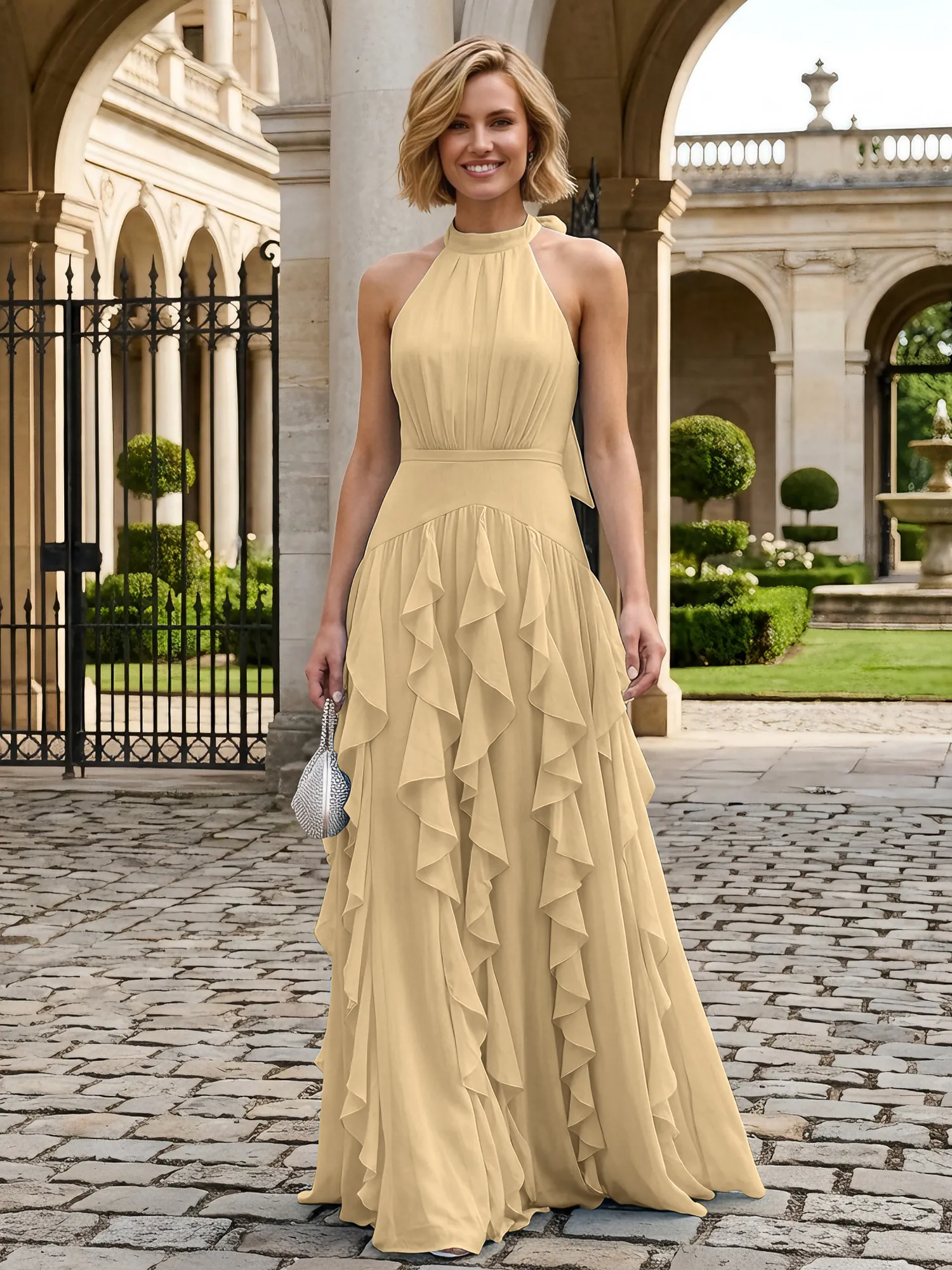 Halter Neck Ruffled Chiffon Evening Gown Maxi Dress