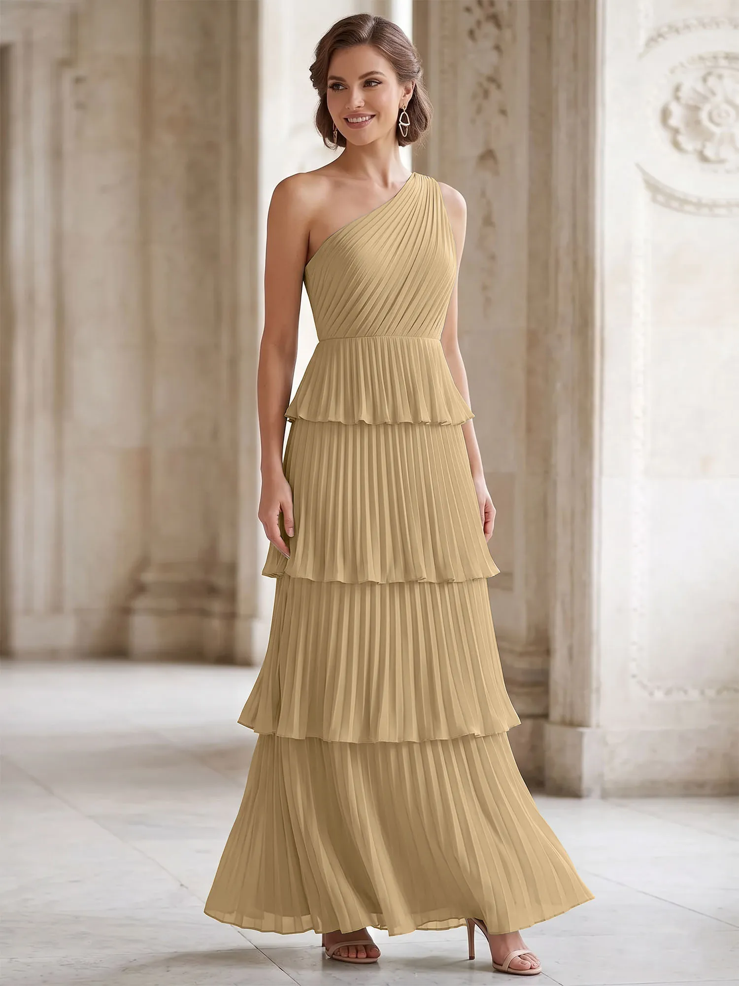 One-Shoulder Tiered Pleated Chiffon Evening Gown