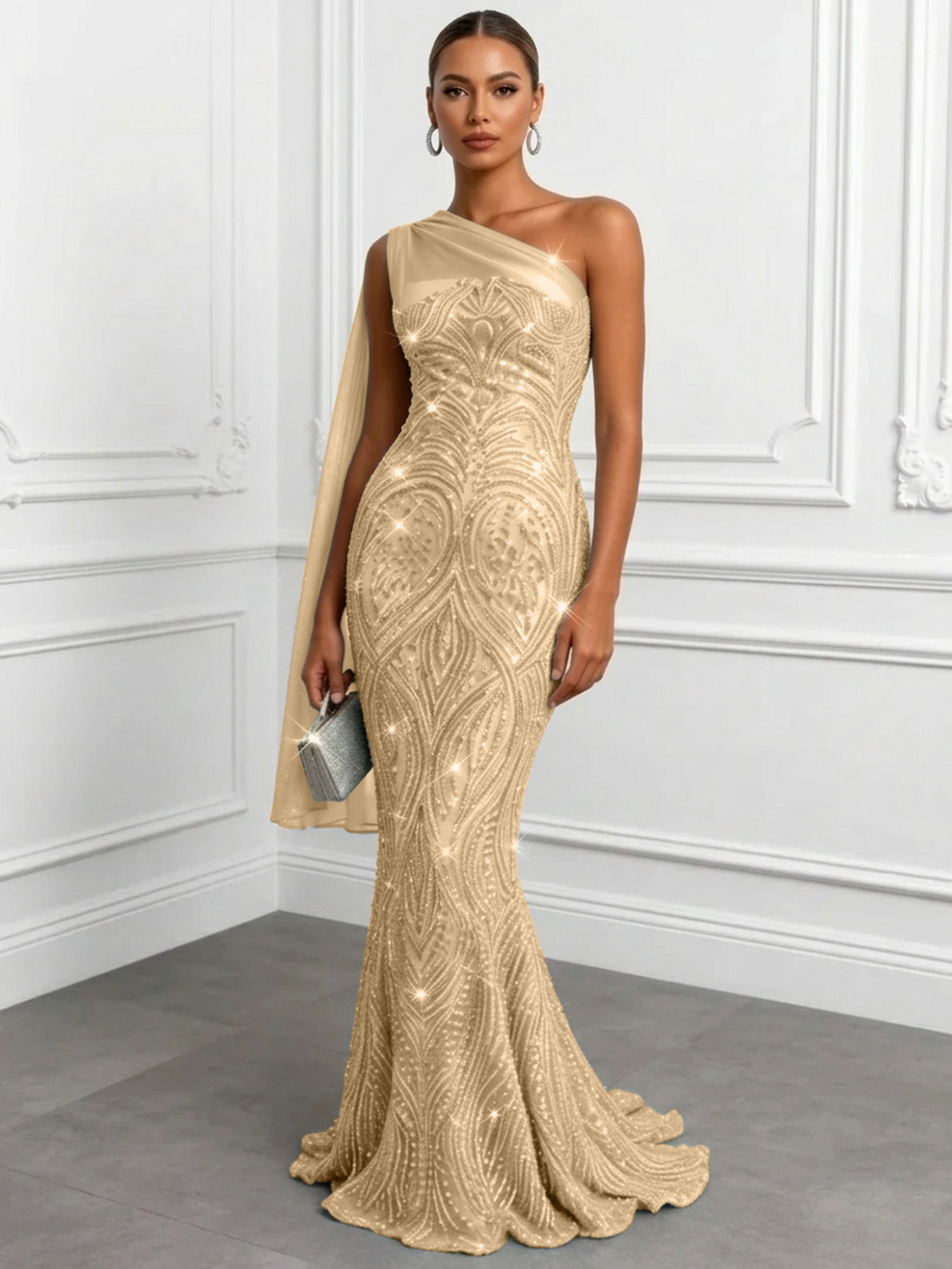 Shimmering Sage One-Shoulder Sequin Mermaid Evening Dress