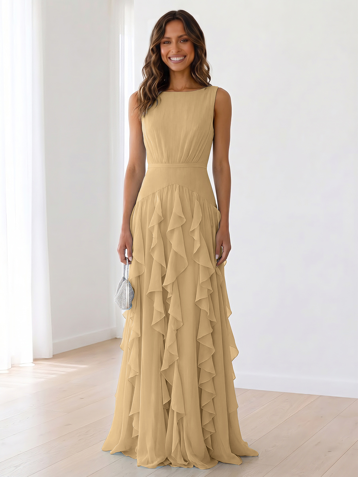 Ethereal Powder Blue Cascading Ruffle Maxi Formal Evening Dress