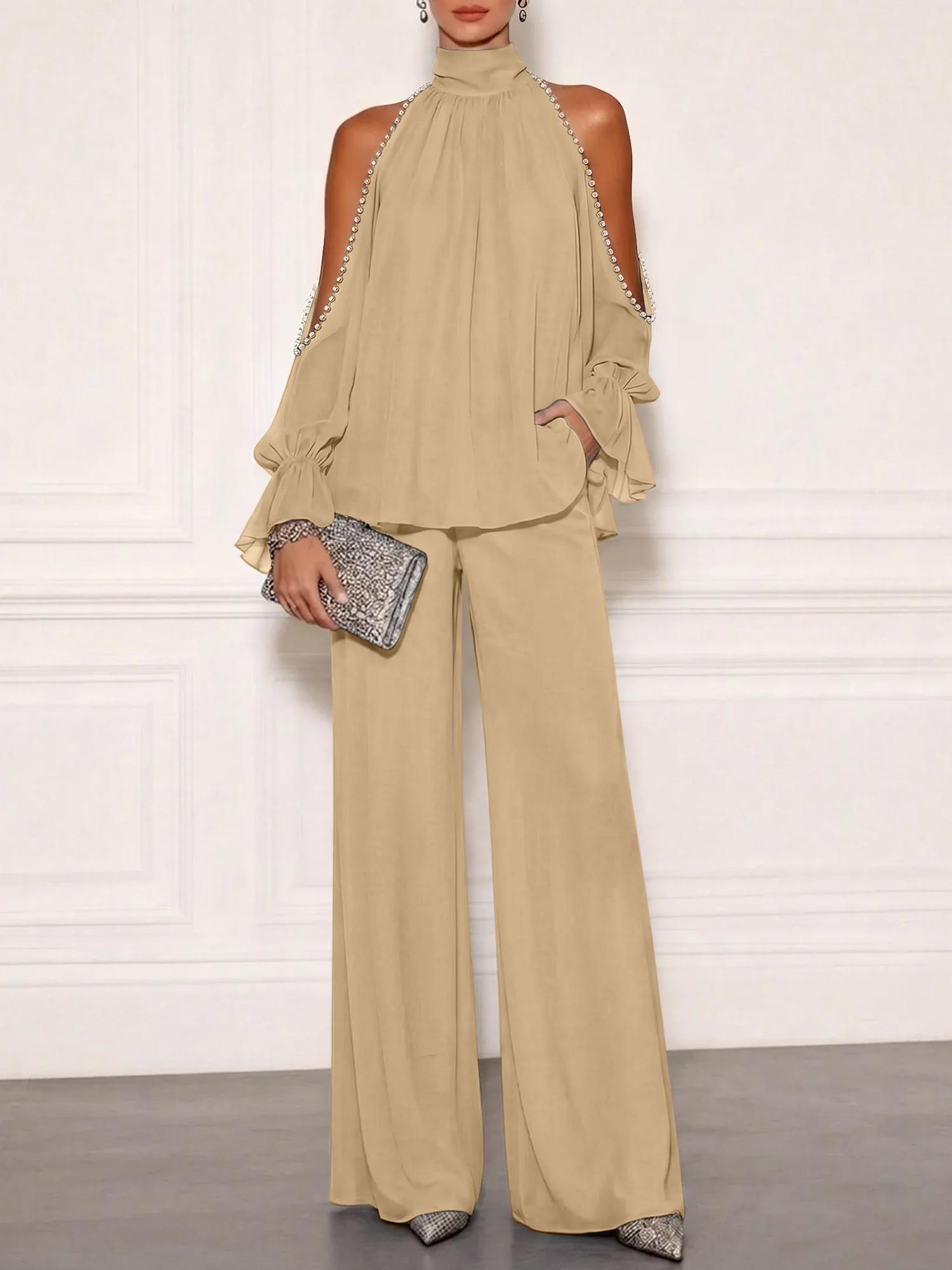 Sophisticated Embellished Cold Shoulder Formal Evening Jumpsuit