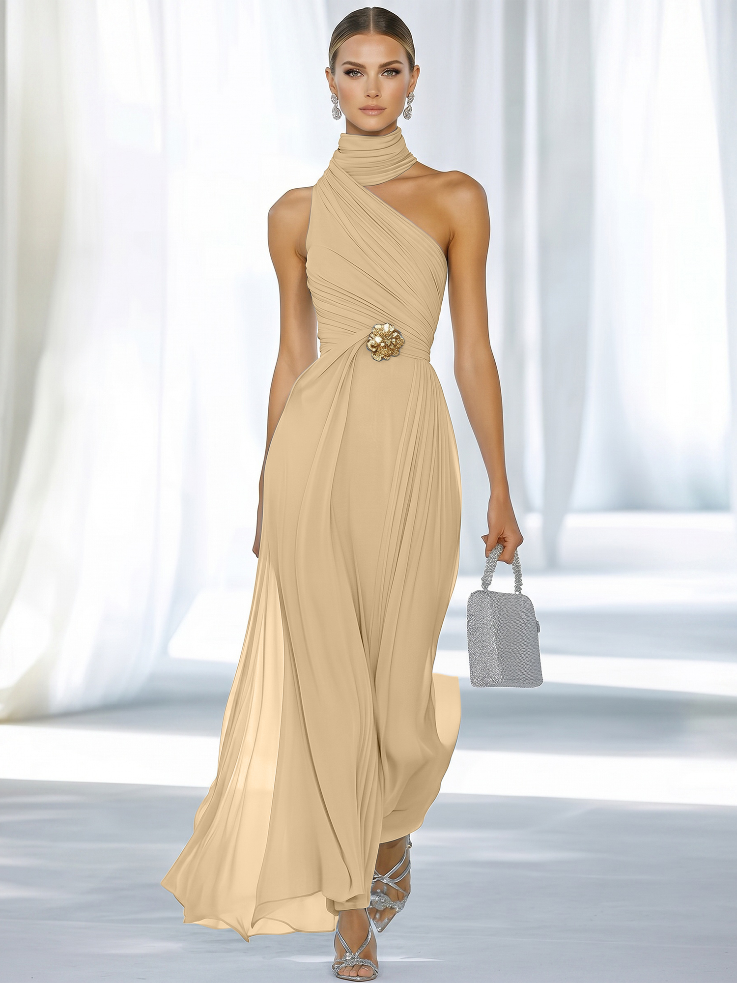 Sky Blue Pleated Chiffon Halter Strapless Formal Evening Dress