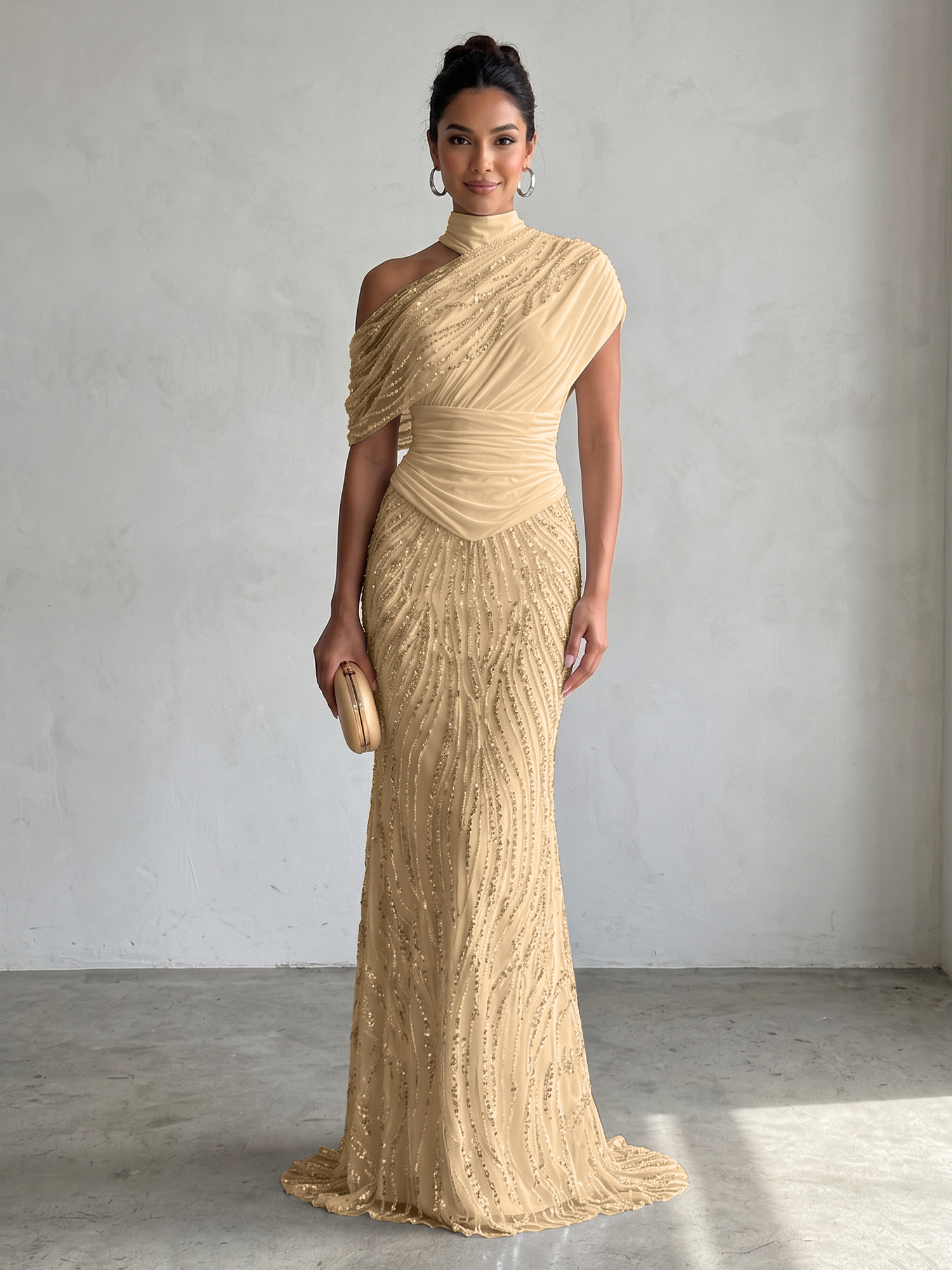 Ethereal White Beaded High-Neck Draped Sheath Formal Evening Dress