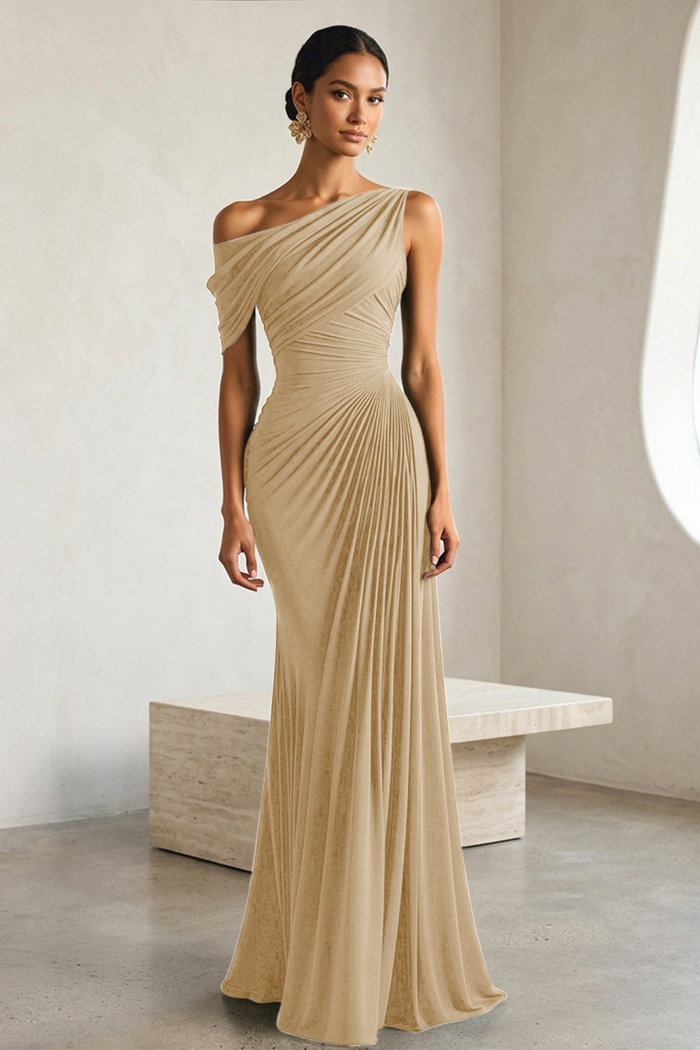 Timeless Black Architectural One-Shoulder Sheath Evening Gown