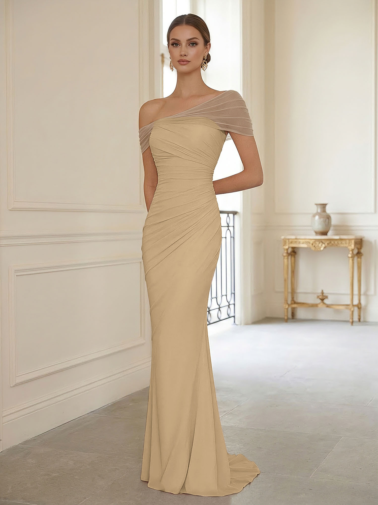 Sophisticated Blush Pink Asymmetrical Ruched Maxi Dress Evening Gown