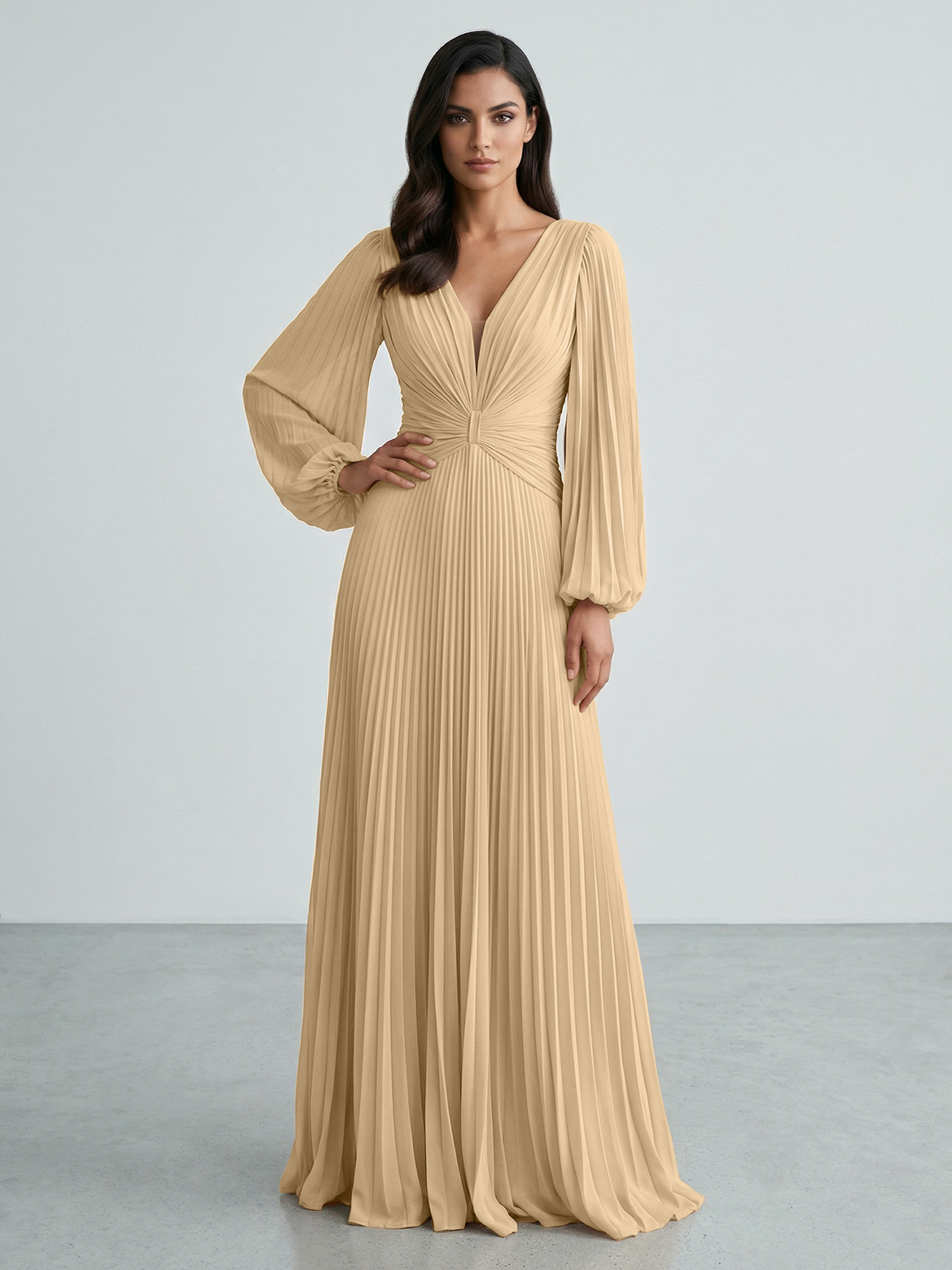 Slate Blue Plunging V-Neck Pleated Long Sleeve Maxi Dress Gown