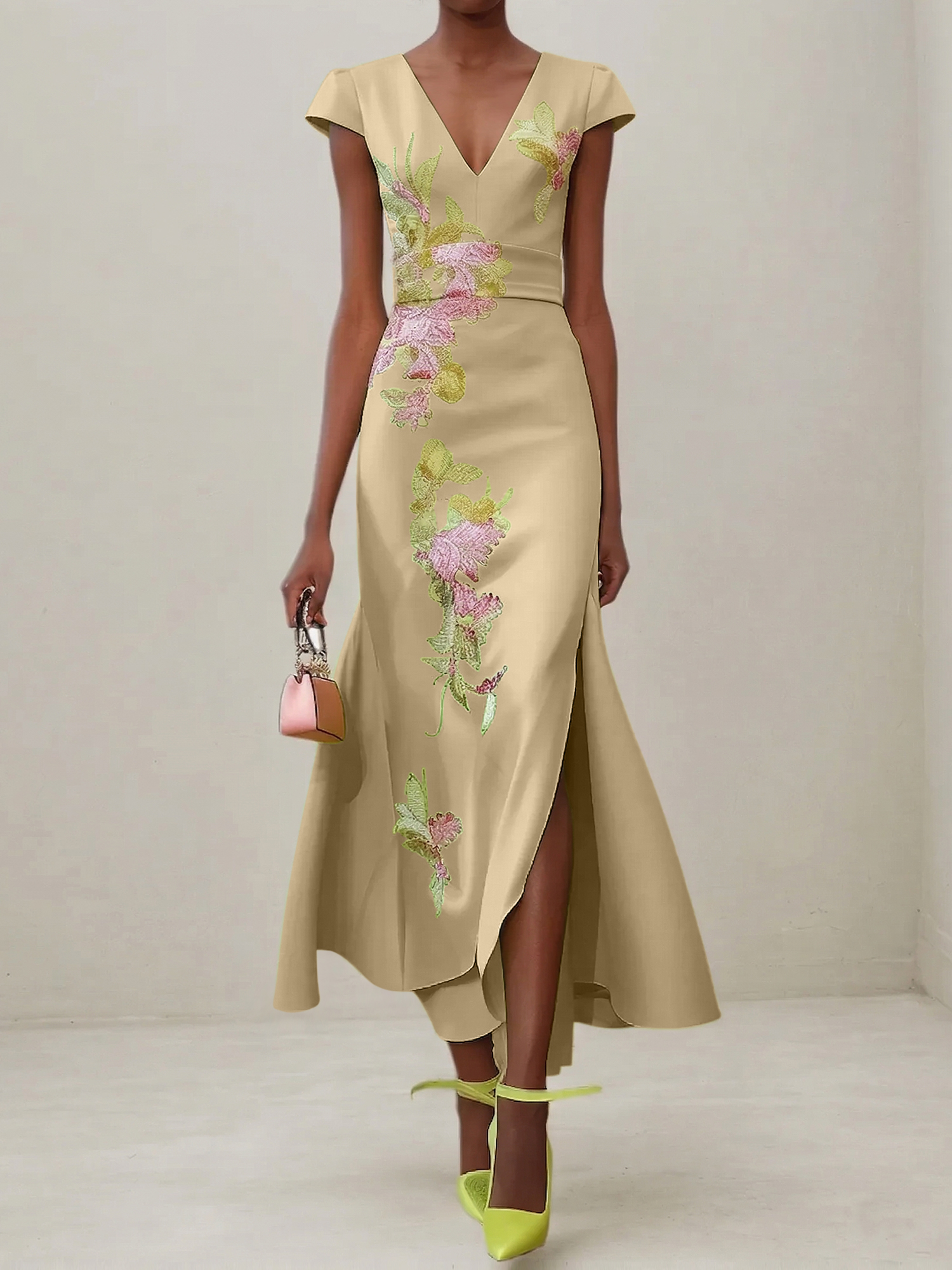 Elegant V-Neck Cap Sleeve Satin Midi Gown with Floral Embroidery & High Slit