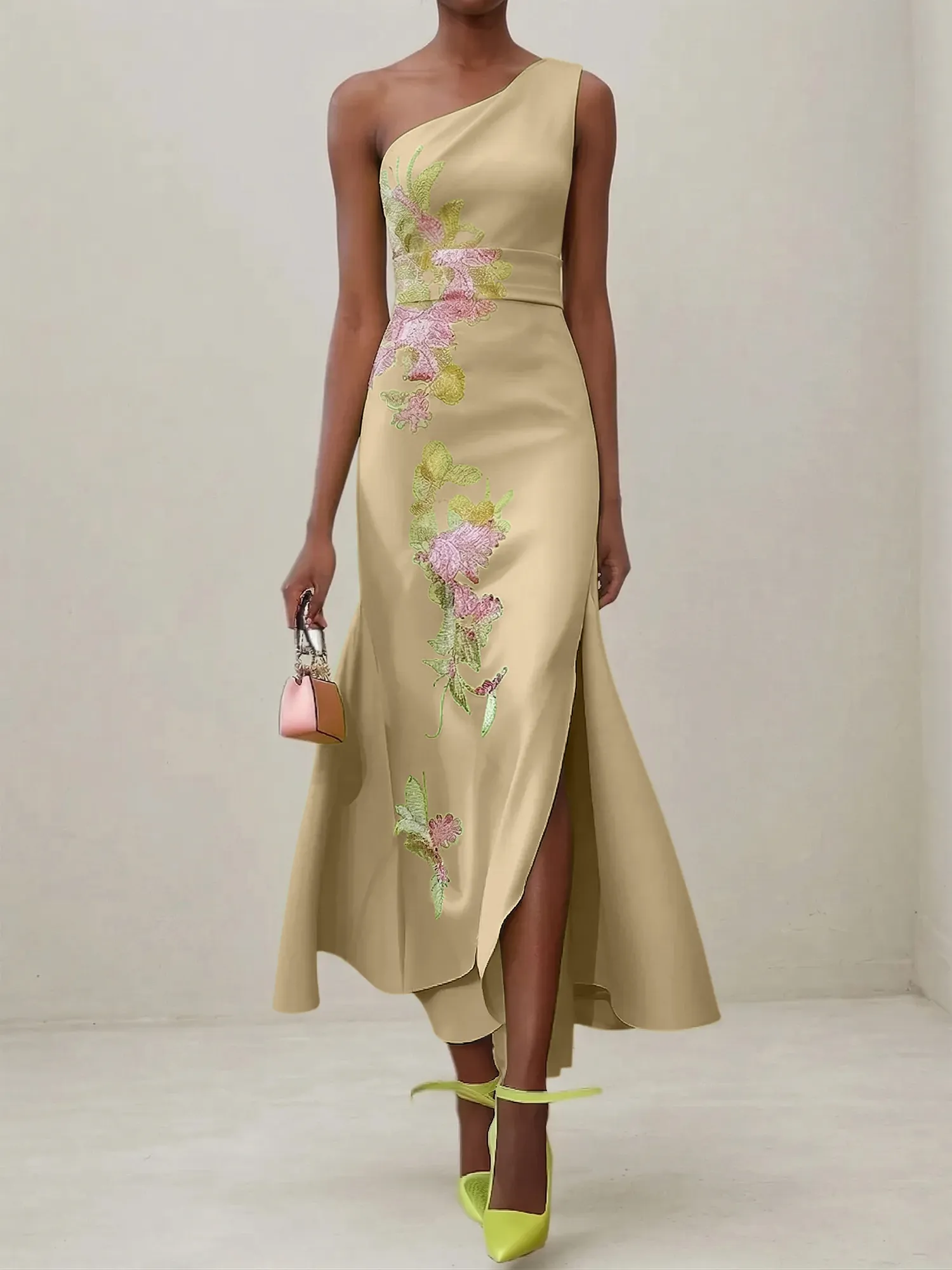 Elegant One Shoulder Cap Sleeve Satin Midi Gown with Floral Embroidery & High Slit