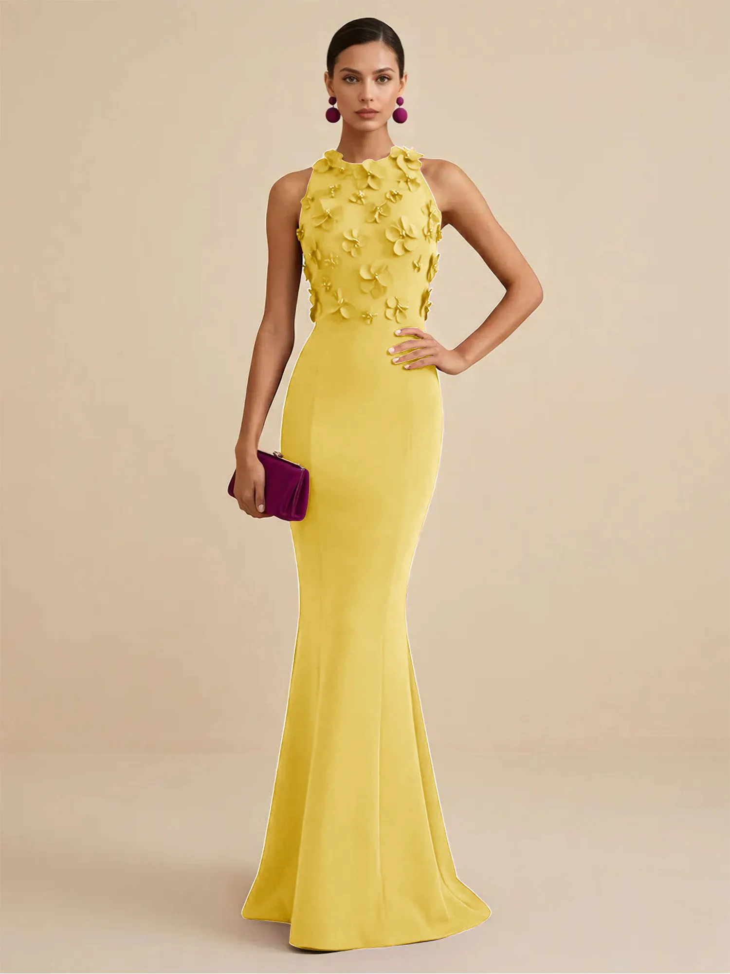 Scoop Neck 3D Floral Appliqué Crepe Mermaid Evening Gown