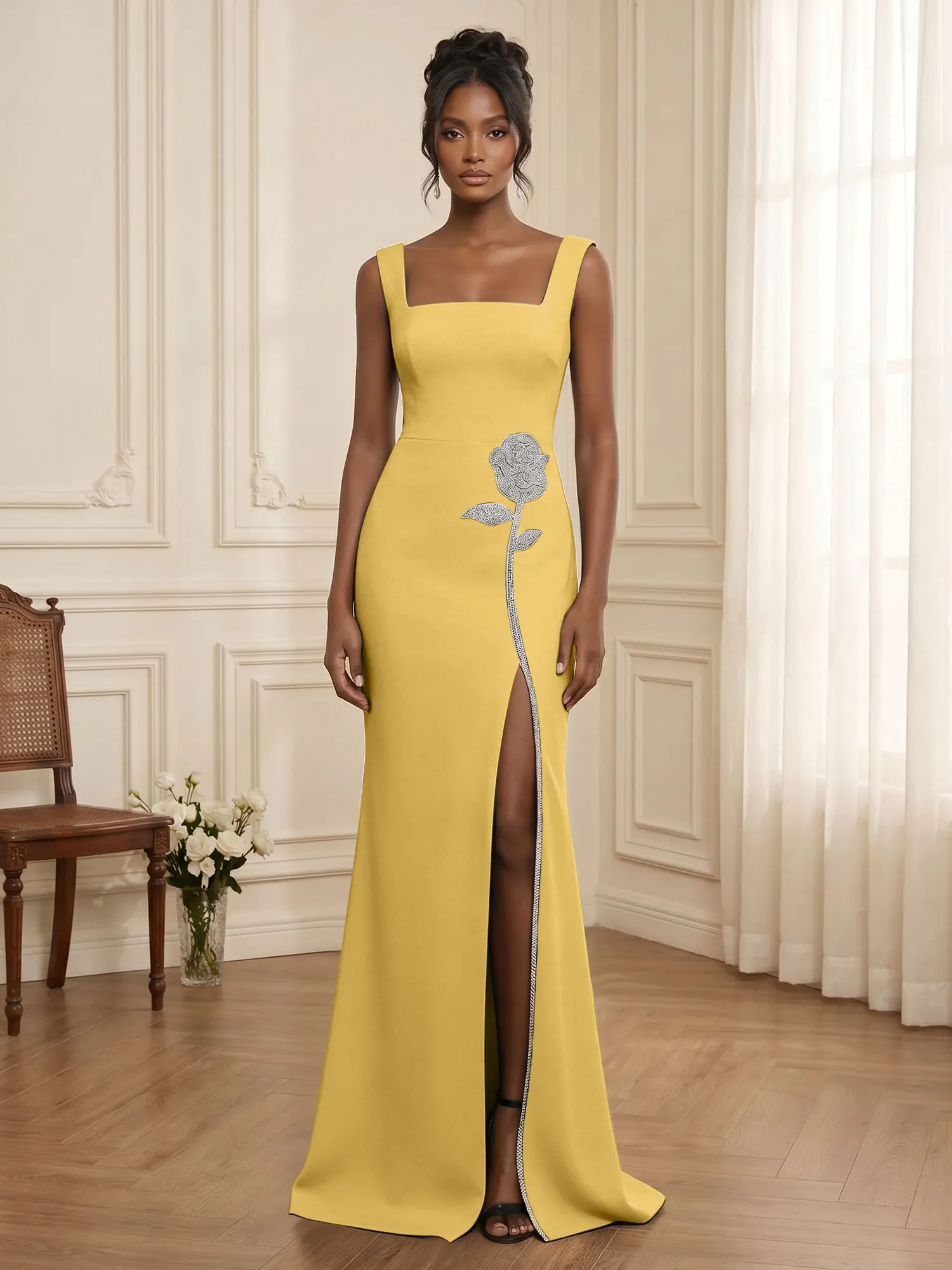 Square Neck Crystal Rose Appliqué Crepe Mermaid Evening Gown