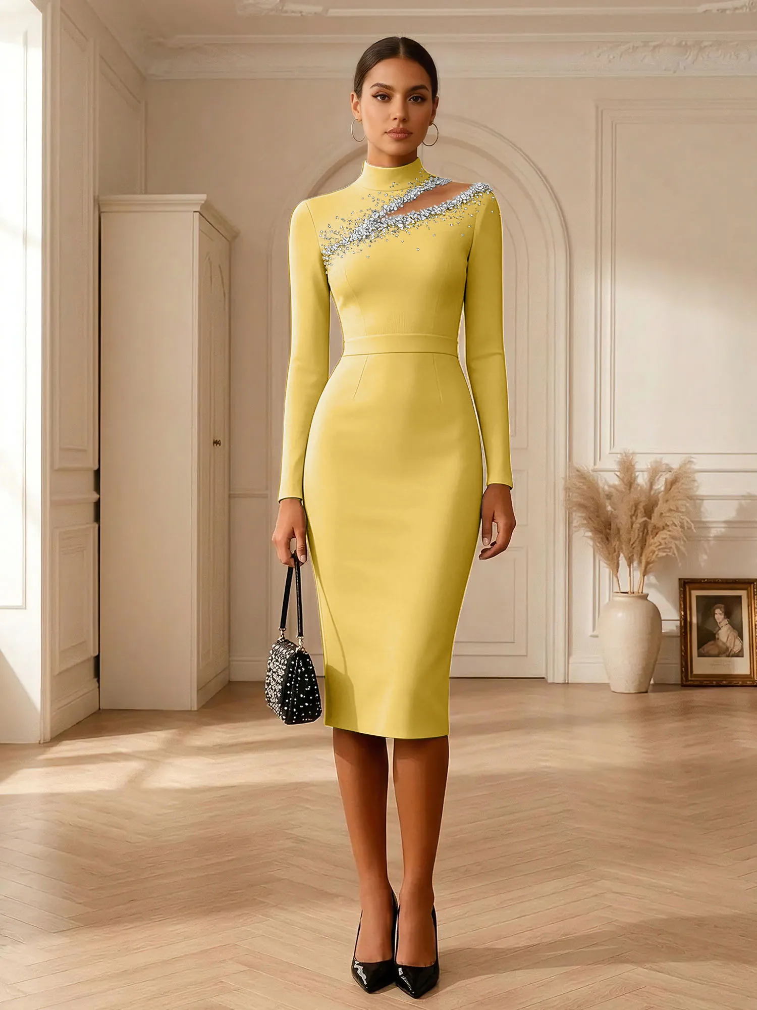 High Neck Cutout Rhinestone Knit Midi Evening Dress