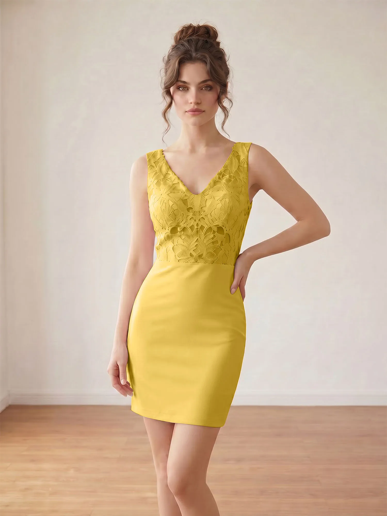 Blush Pink V-Neck Lace & Crepe Homecoming Bodycon Mini Dress