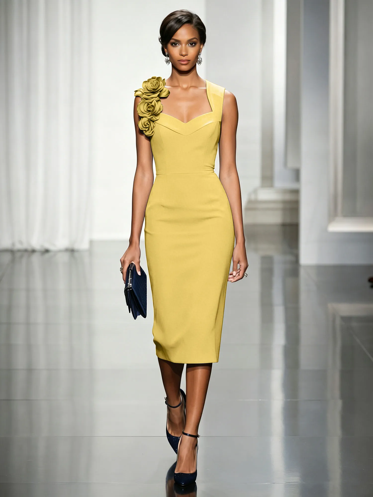 Asymmetric Neckline Crepe Midi Dress with 3D Floral Appliqué