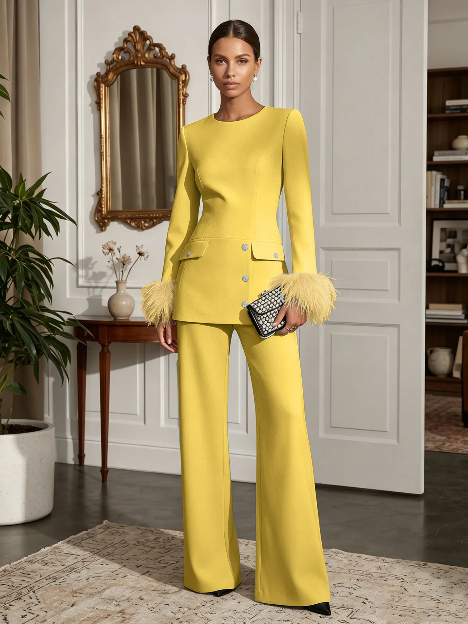 Scoop Neck Feather Cuff Tailored Evening Pant Suit