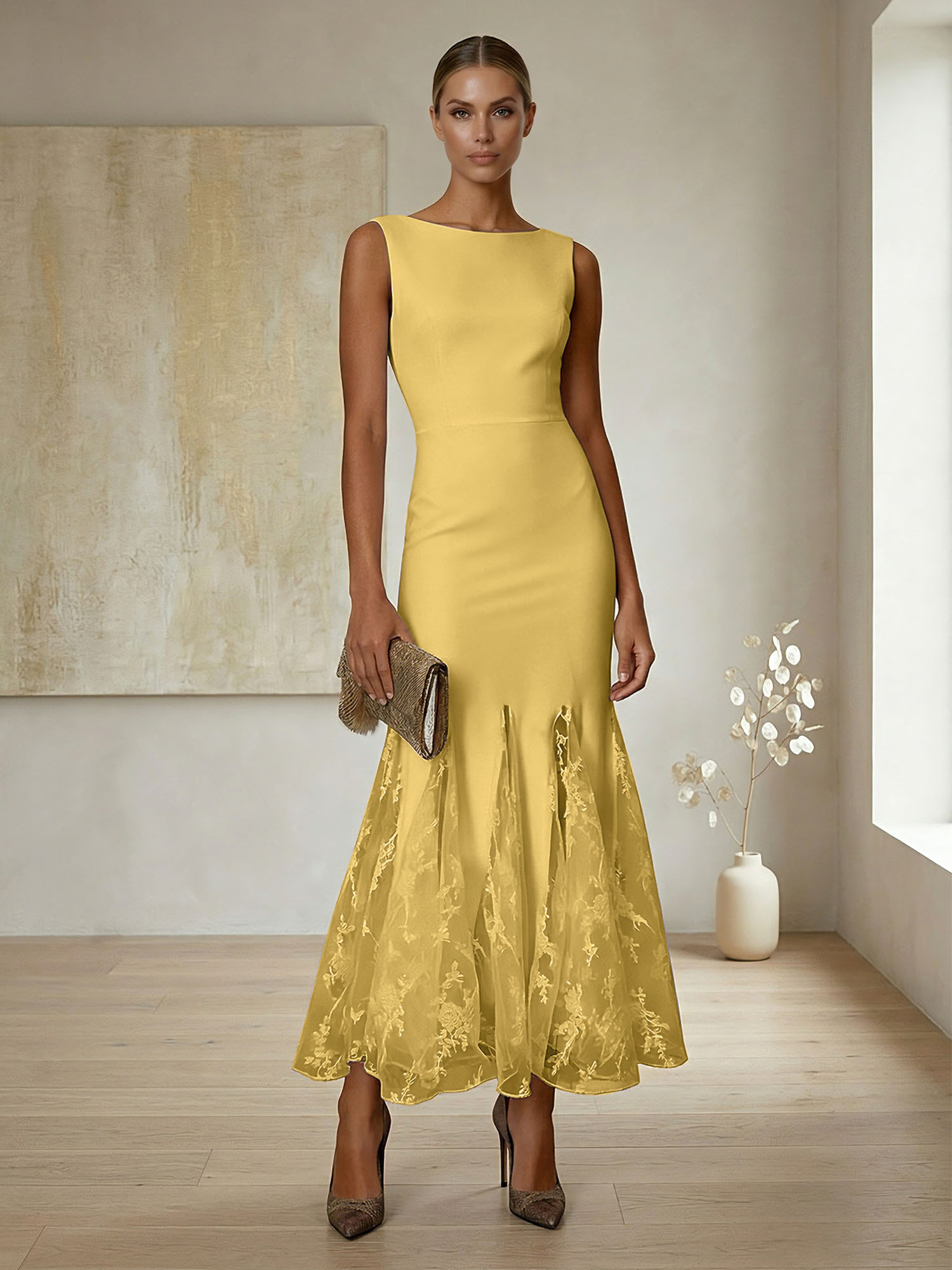 Elegant Formal Evening Gown Lilac Sleeveless Midi Dress with Embroidered Lace Godets